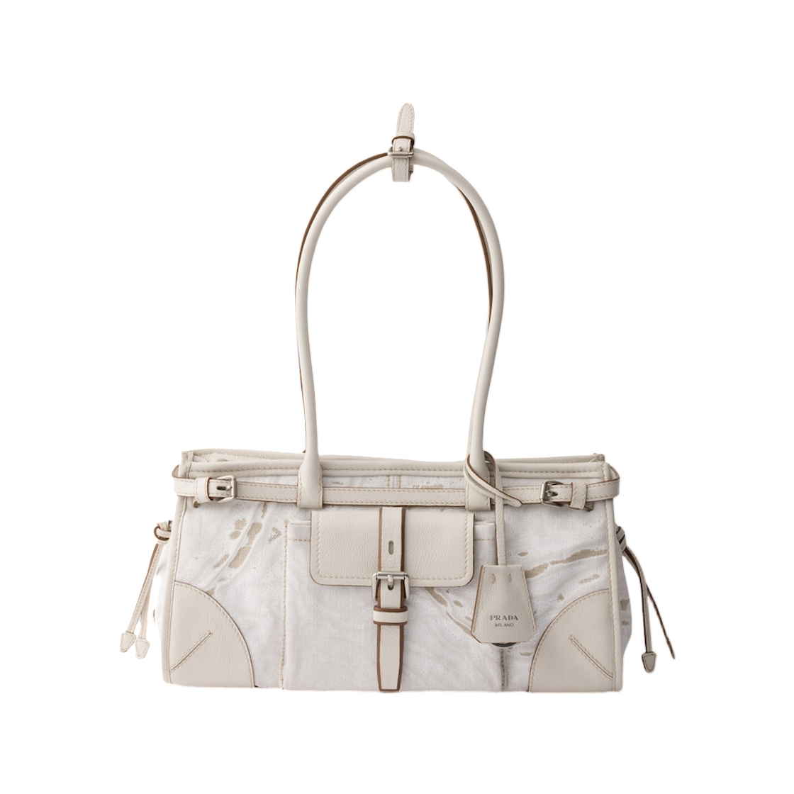 1BA426-2FPT-F0009 Prada Bonnie Medium Printed Linen and Leather Handbag White