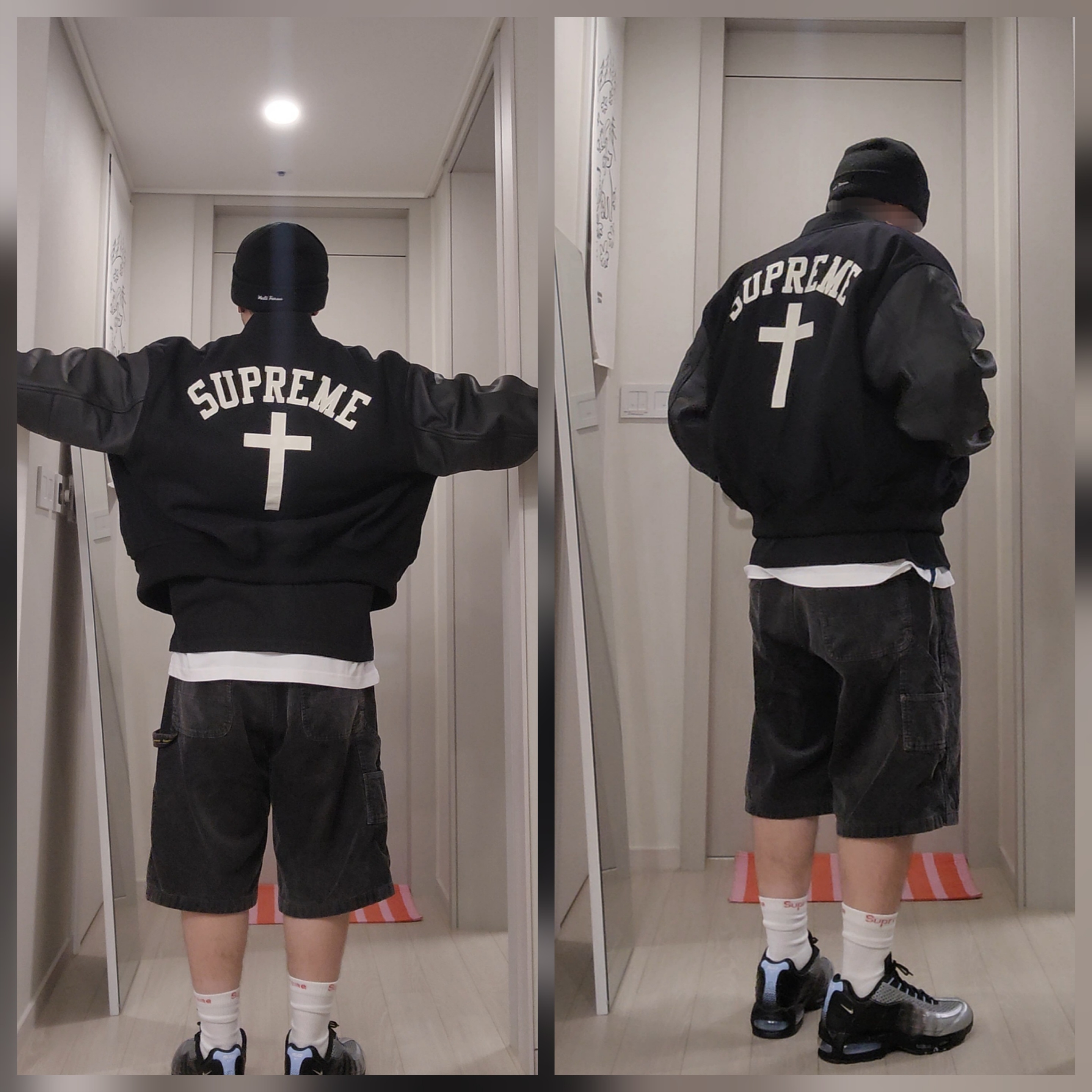 Supreme Cross Varsity Jacket Black - 26SS, Nike x Palace Air Max 95 Metallic Silver Aluminum 착용 스타일 - 3