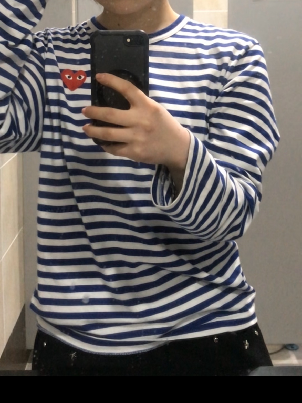 Play Comme des Garcons Red Heart Striped LS T-Shirt Blue White 착용 스타일