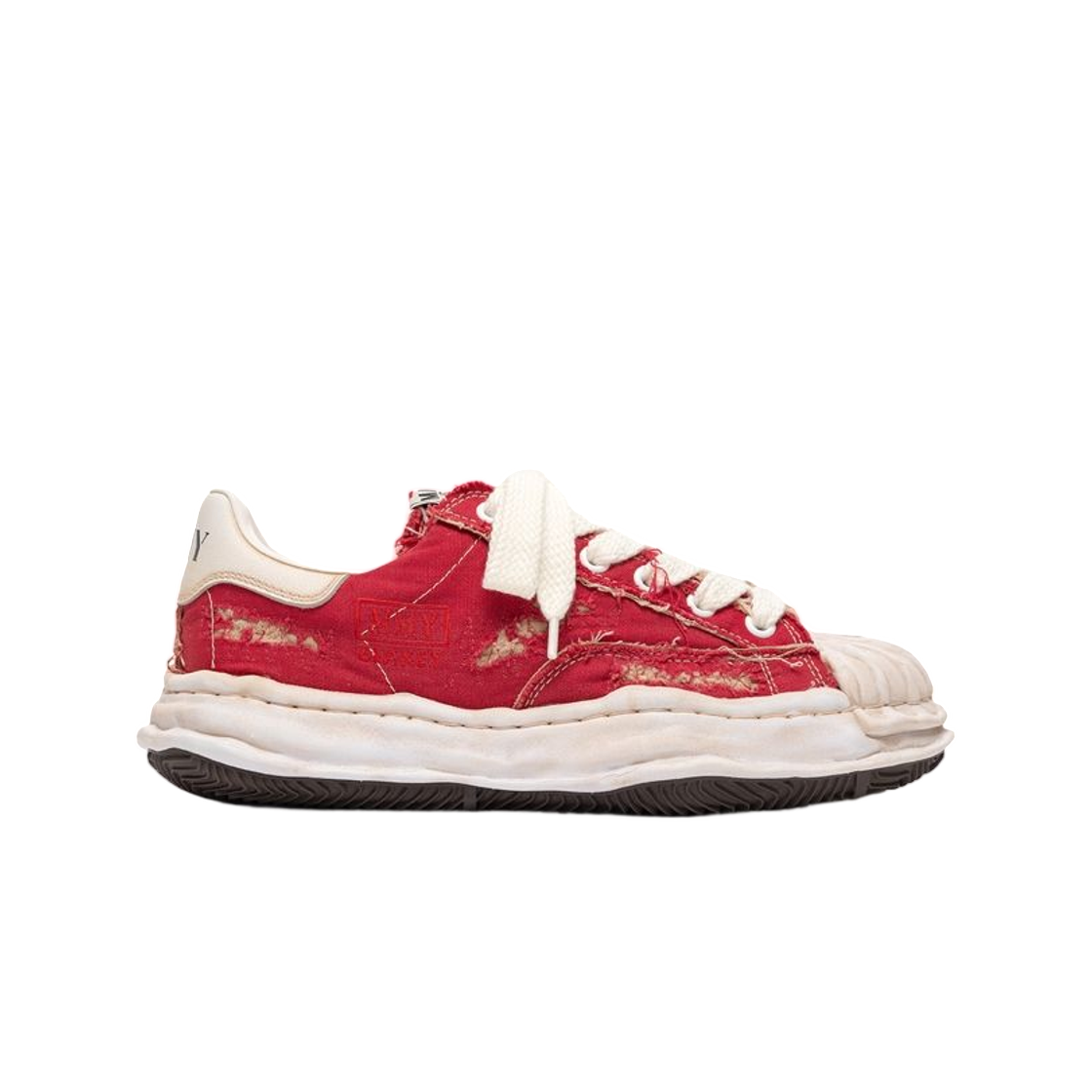 A16FW729-RED Mihara Yasuhiro Blakey OG Sole Ripped Overdye Canvas Low-Top Sneaker Red