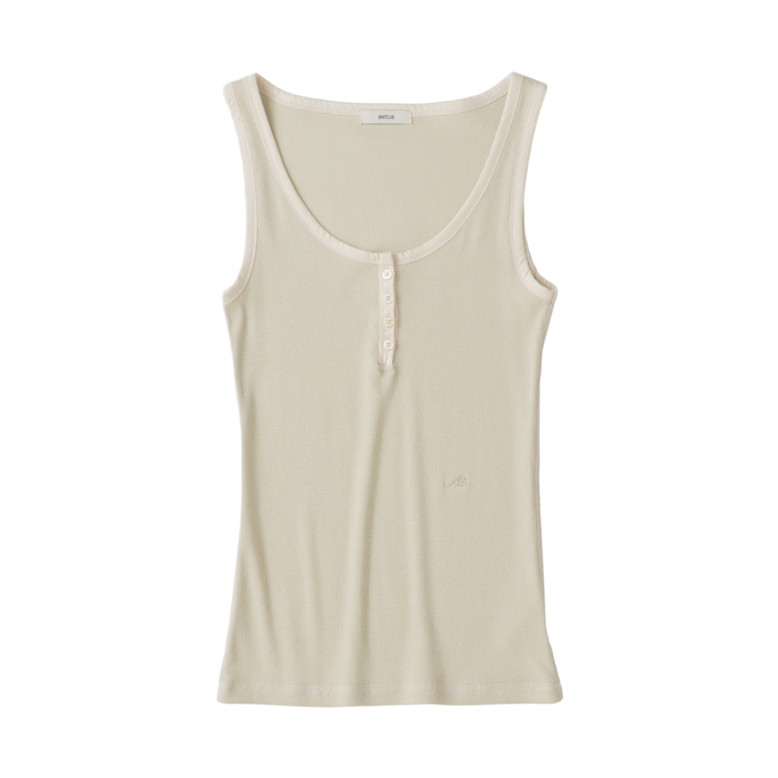 에토아 헨리넥 골지 슬리브리스 탑 베이지(aetoa Henley Neck Ribbed Sleeveless Top Beige)