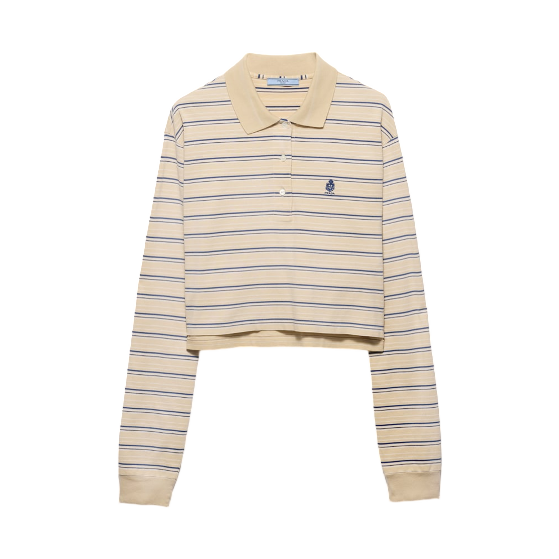 (W) 프라다 스트라이프 피케 폴로 셔츠 데저트 로얄 블루((W) Prada Striped Pique Polo Shirt Desert Royal Blue)