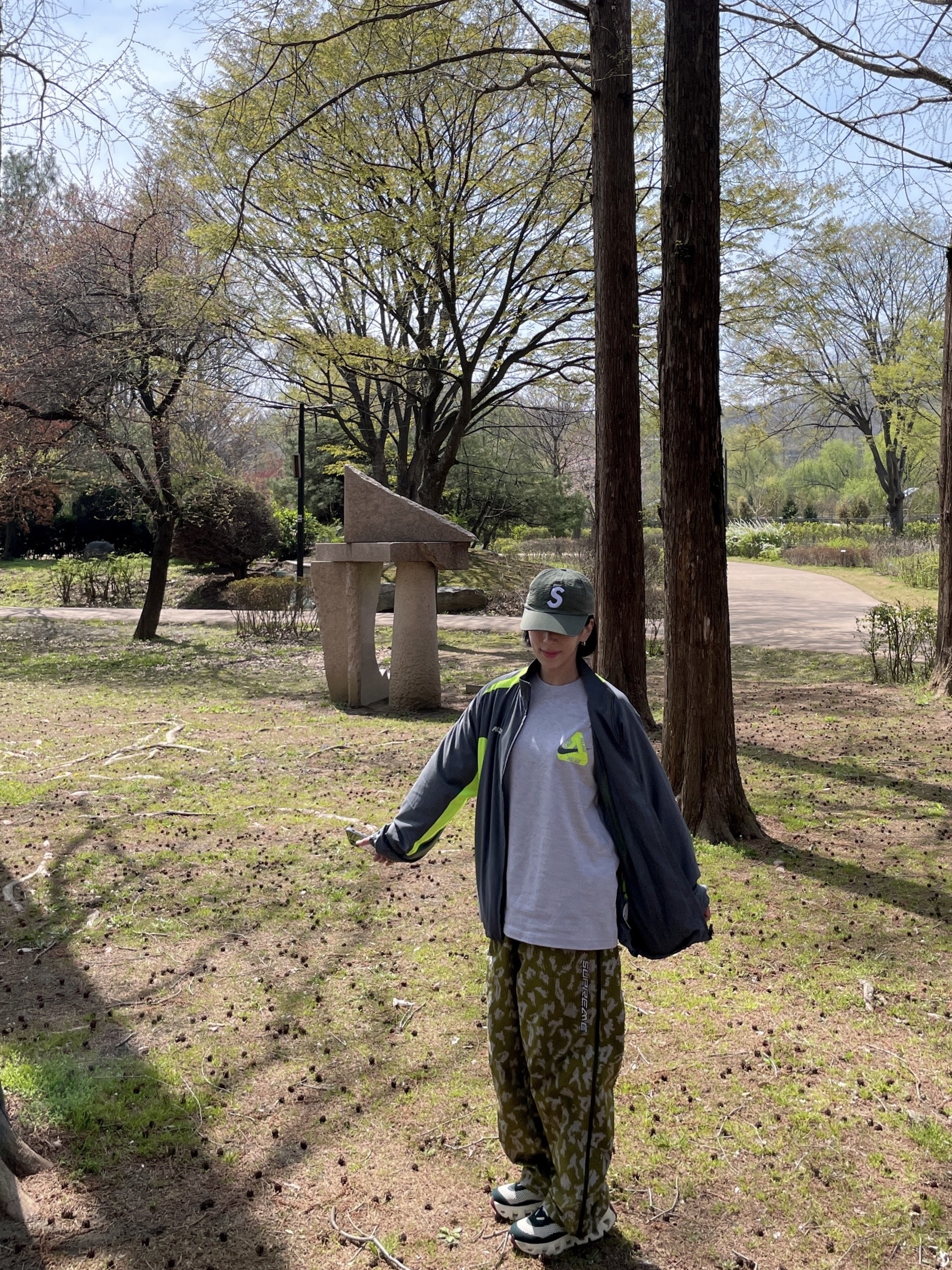 Palace x Nike Tri Swoosh T-Shirt Grey Marl - 25FW, Supreme Ripstop Warm Up Pant Olive Camo - 26SS 착용 스타일