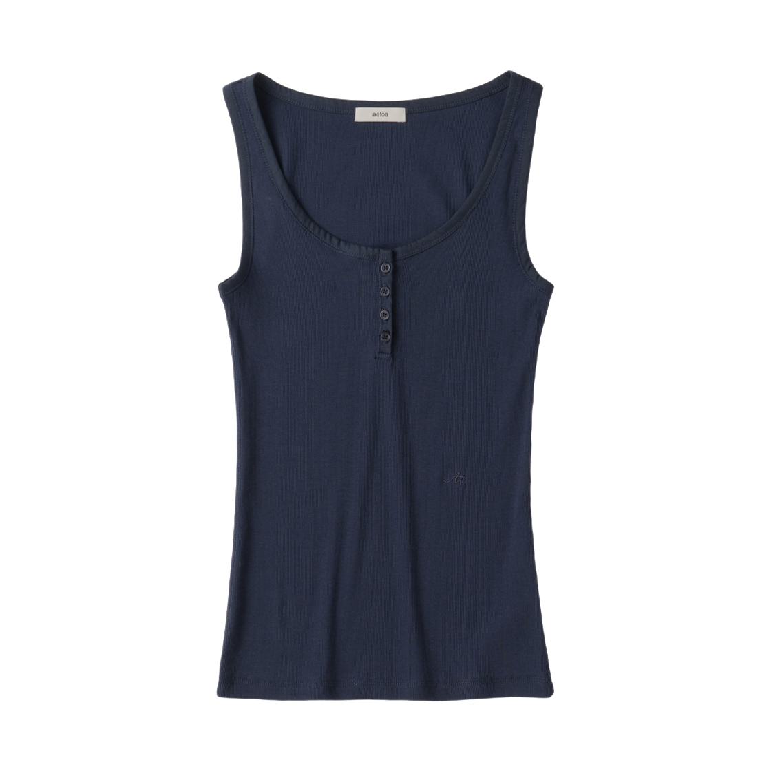 에토아 헨리넥 골지 슬리브리스 탑 네이비(aetoa Henley Neck Ribbed Sleeveless Top Navy)