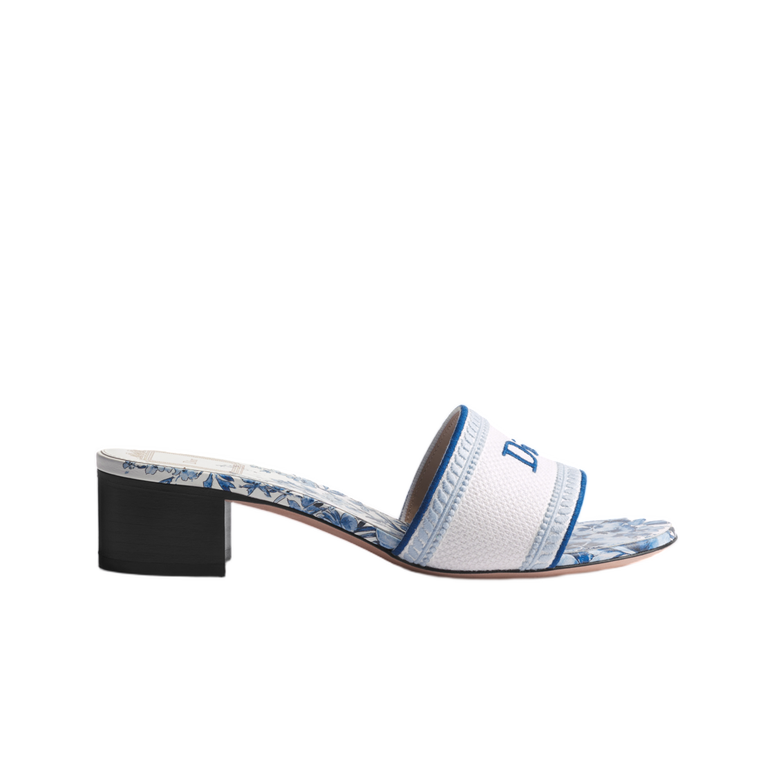 (W) 디올 디웨이 힐 슬라이드 트왈 드 주이 플로럴 가든 모티프 자수 코튼 화이트 블루((W) Dior Dway Heeled Slide Toile De Jouy Floral Garden Motif Embroidered Cotton White Blue) - 1