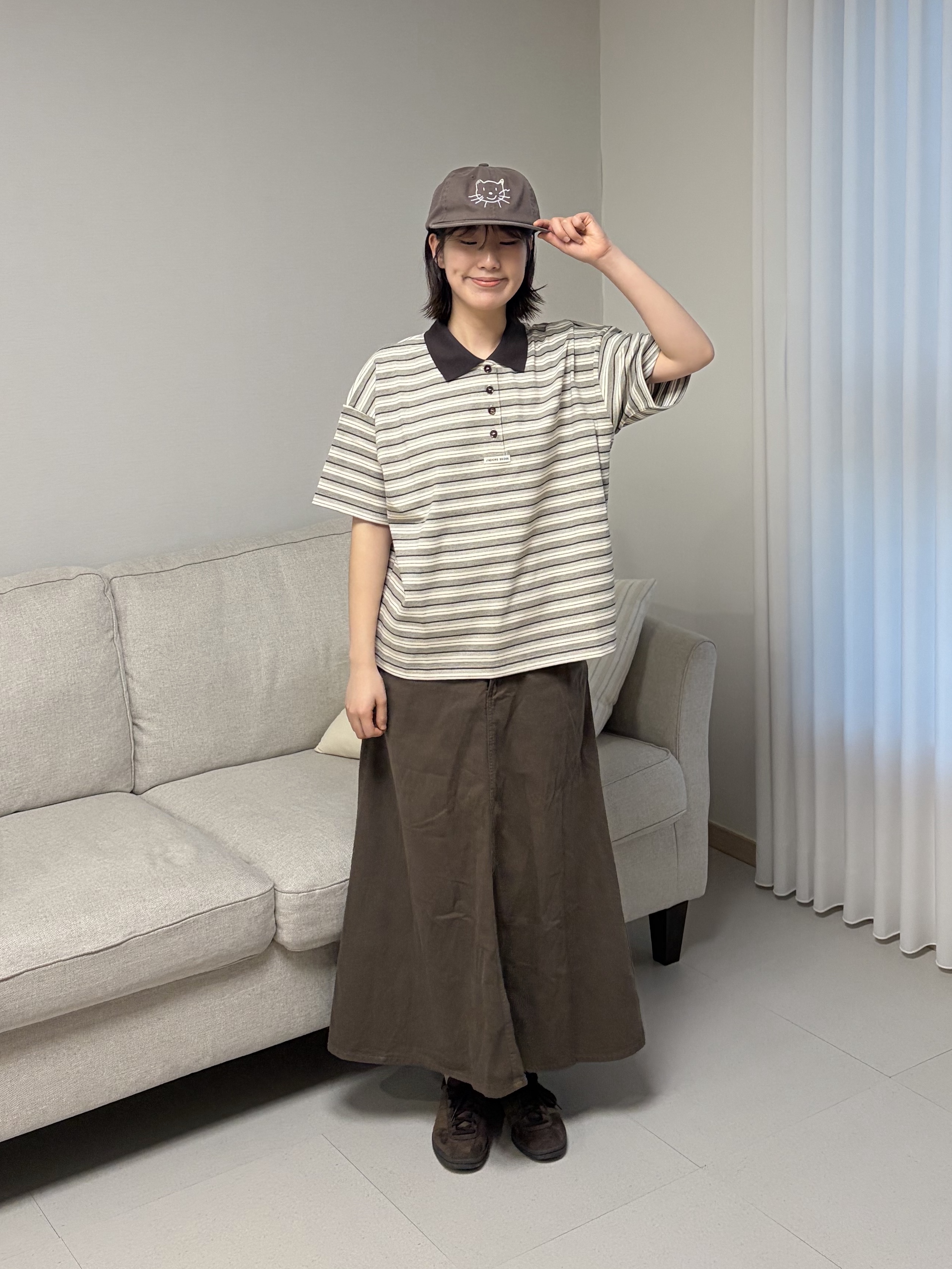 Menasoo Multi Stripe Collar T Shirt Navy Ivory, UGLYSHADOW I Love You Camp Cap Brown 착용 스타일 - 2