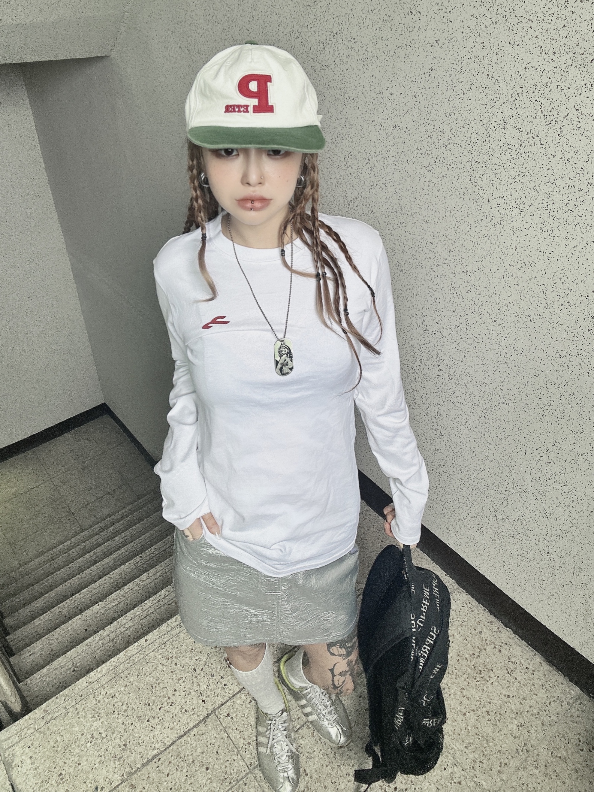 Hysteric Glamour Guitar Girl Ball Chain Necklace Silver, My Name is Peter Applique Cap White Green 착용 스타일
