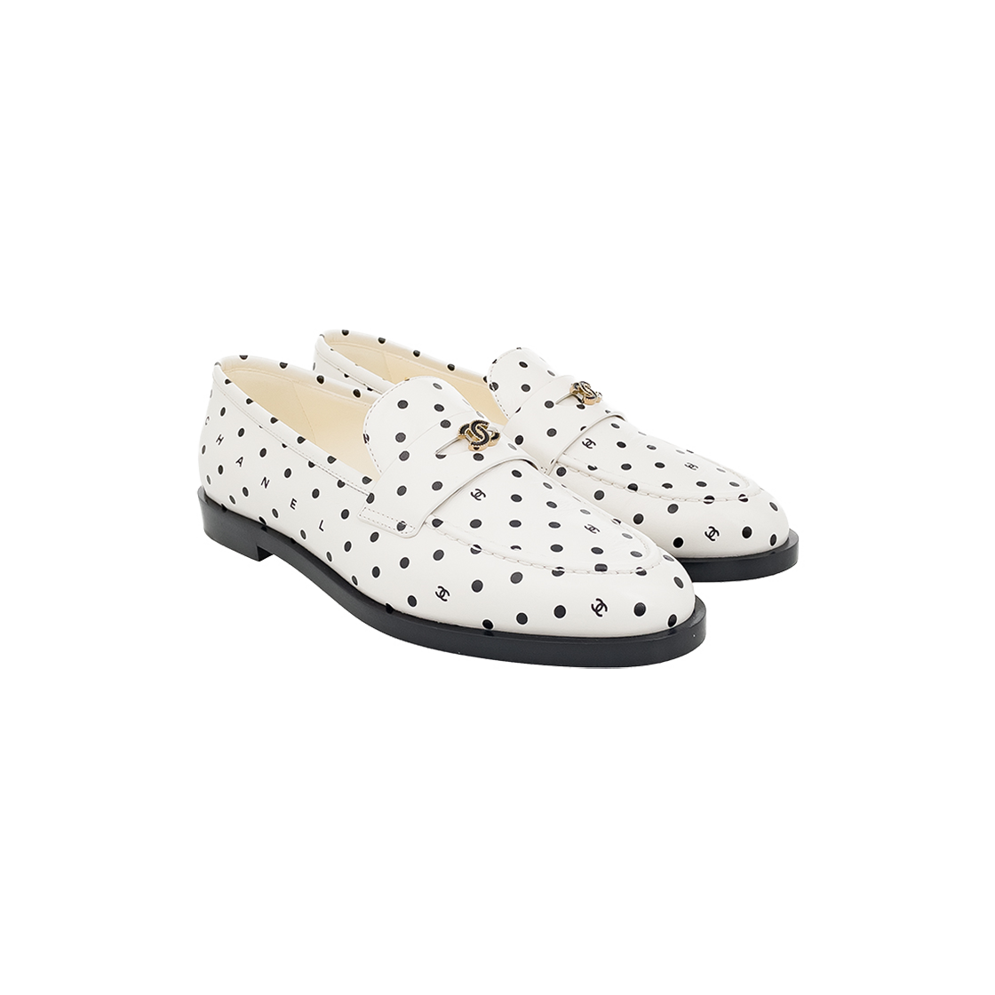 IT9VRG6P5S4I Chanel 24P CC Logo Dot Printed Loafers Ivory/Black