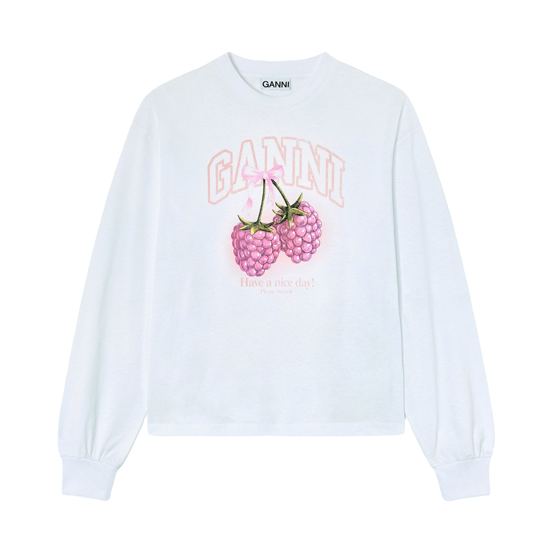 A1050141-151 (W) Ganni Long Sleeve T-Shirt with Raspberries Bright White