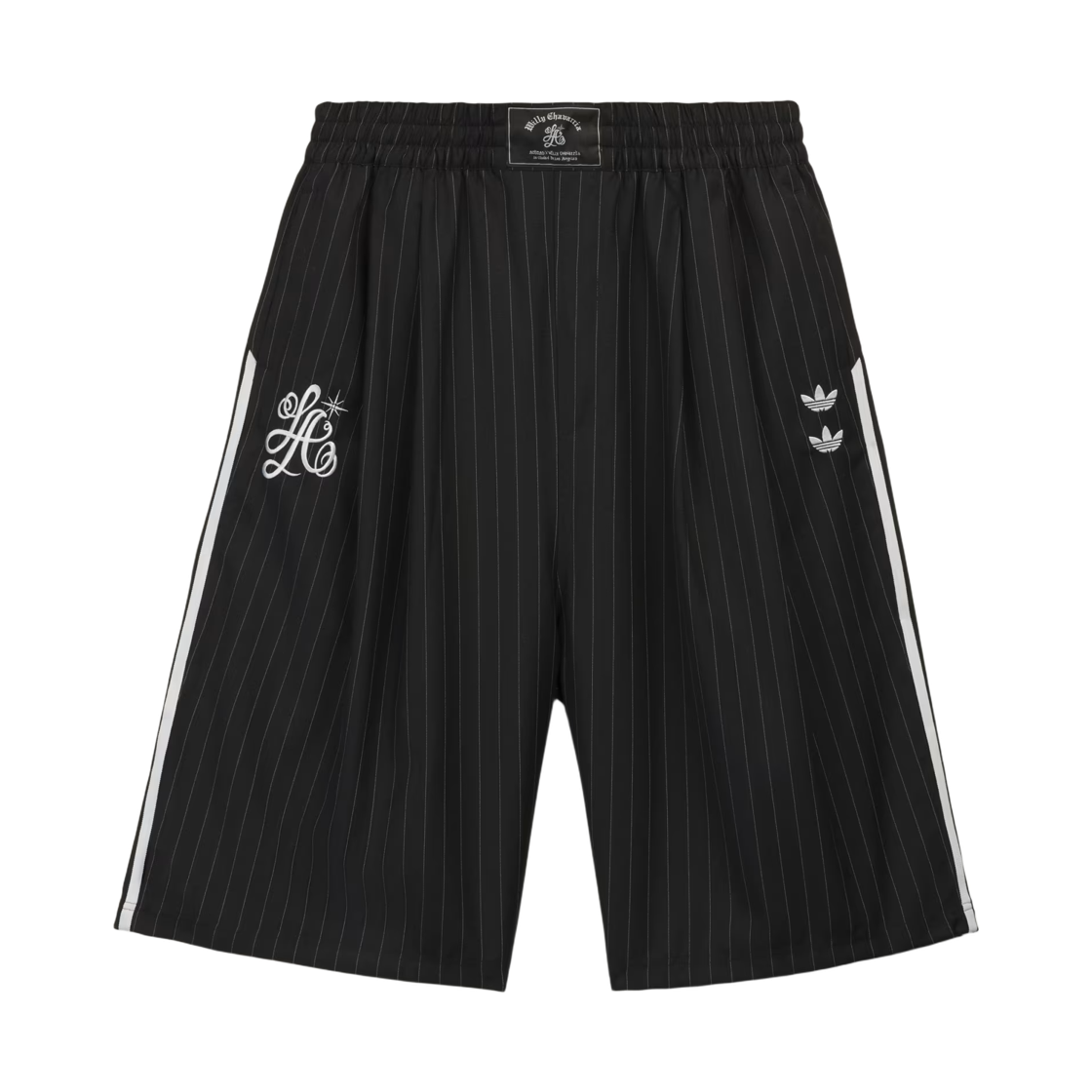 아디다스 x 윌리 차바리아 핀스트라이프 롱 쇼츠 블랙 화이트 - KR 사이즈(Adidas x Willy Chavarria Pinstripe Long Shorts Black White - KR Sizing)