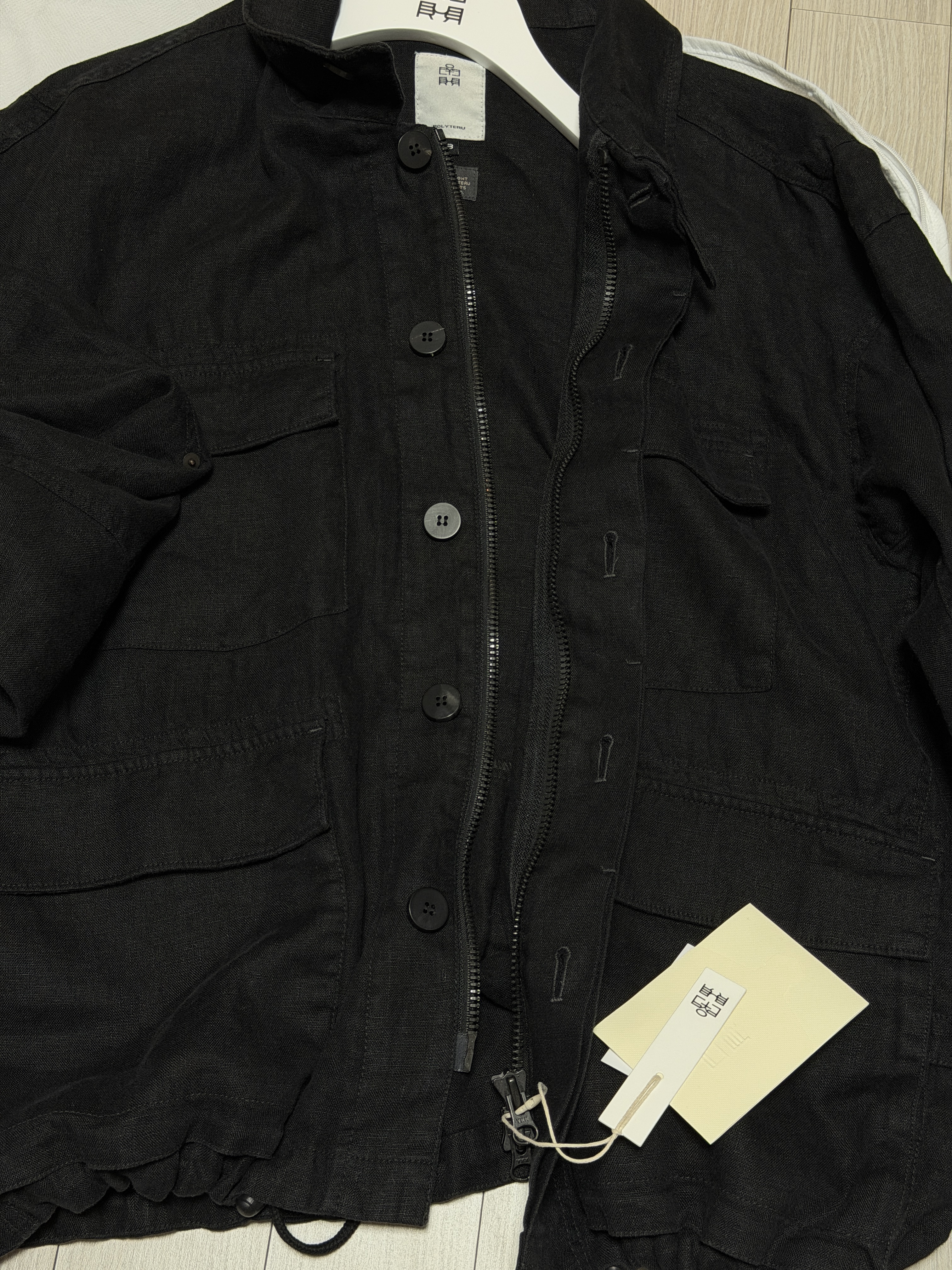Polyteru Linen Field Jacket Washed Black 착용 스타일 - 3