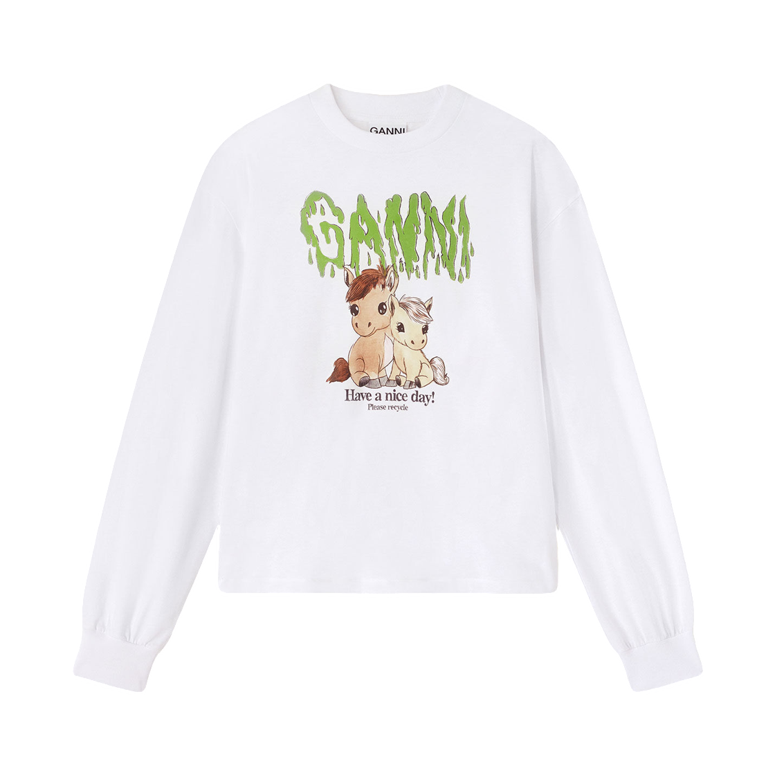 A1050077-151 (W) Ganni White Graphic Cotton Long Sleeve Top Bright White