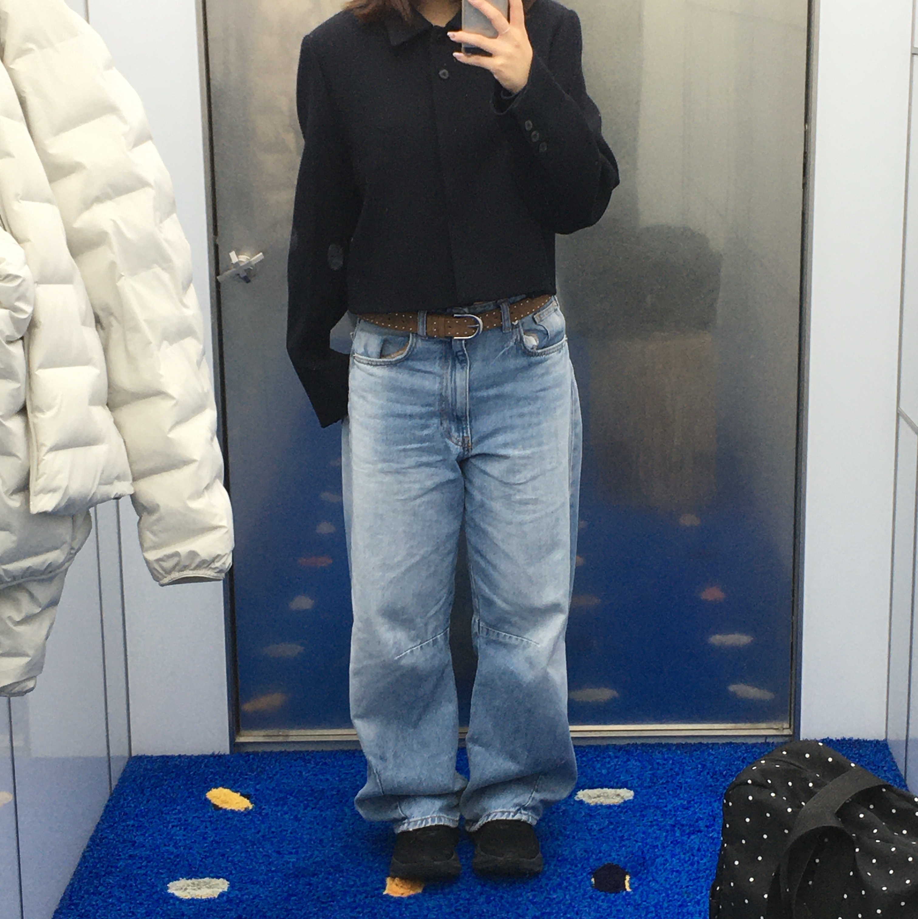 (W) Ader Error Sig; BK Tag Jacket 03 Navy 착용 스타일