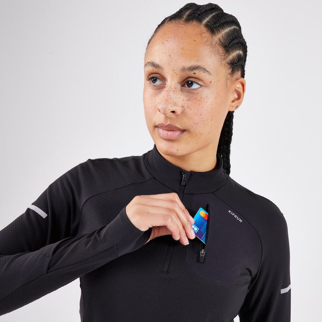 데카트론 여성 하프집 러닝 긴팔 티 런 웜 900 스모크 블랙(DECATHLON Women's Half-Zip Running Long-Sleeved T-Shirt Kiprun Run Warm 900 Smoke Black) - 6