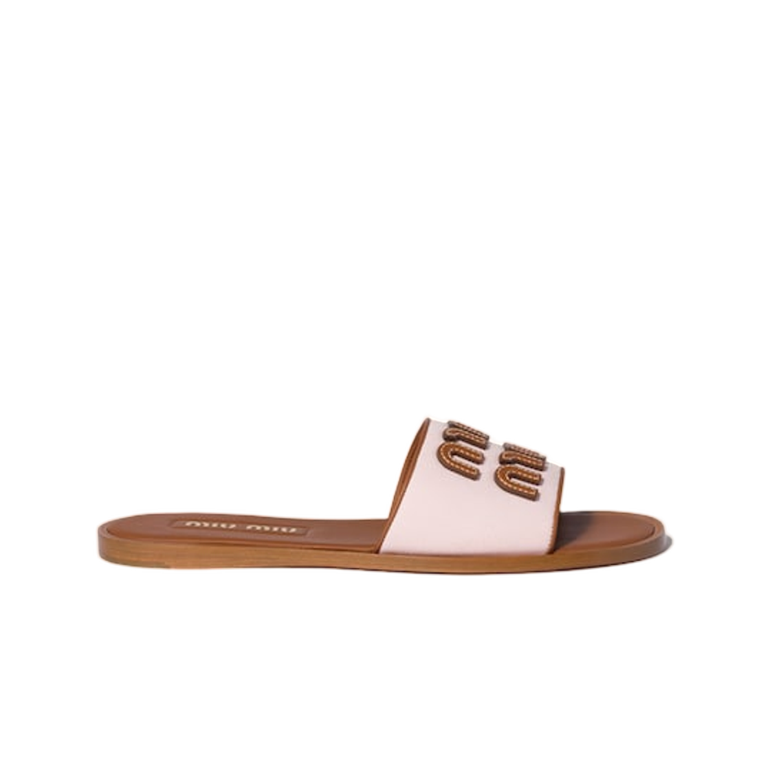 (W) 미우 미우 캔버스 앤 레더 슬라이드 피치 브랜디((W) Miu Miu Canvas and Leather Slides Peach Brandy)