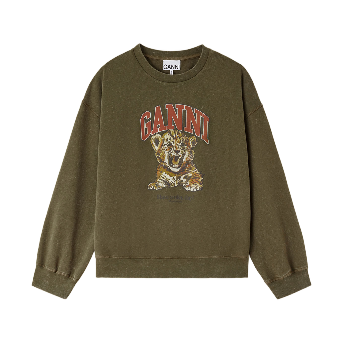 A1060079-838 (W) Ganni Crewneck with Tiger Military Olive