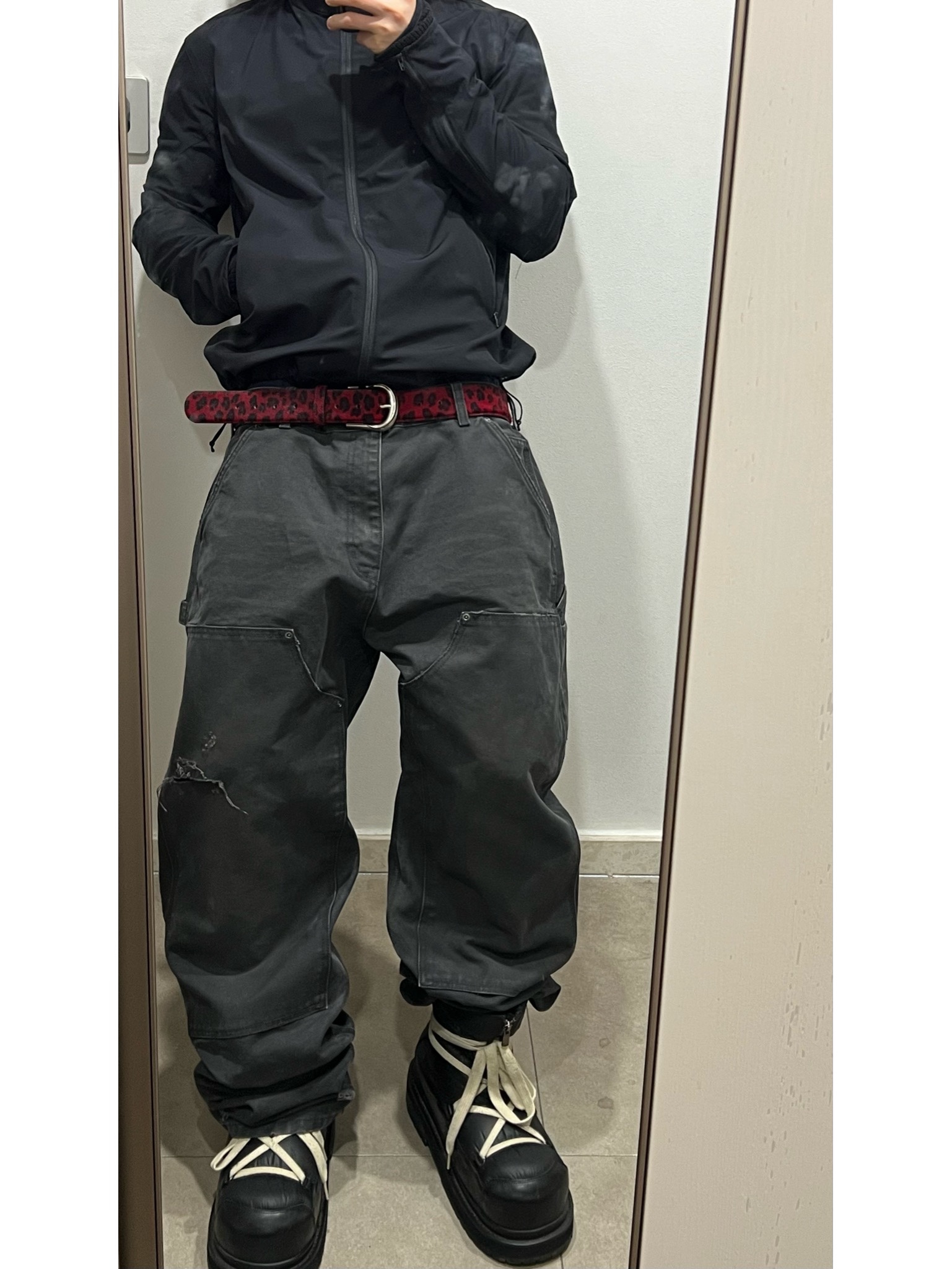 Undermycar Calf Hair Module Belt Strap Red Leopard, Undermycar Air Nylon Hybrid Jacket Black 착용 스타일 - 2