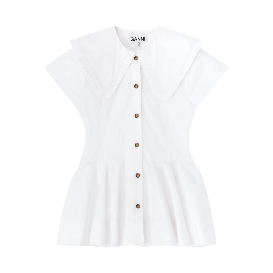 A1040093-151 (W) Ganni Short Cotton Ruffle Shirt Bright White