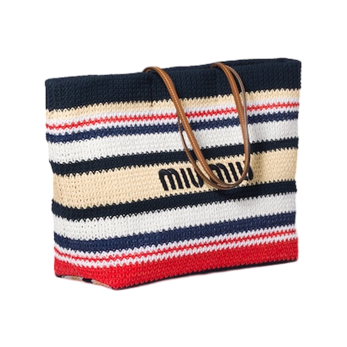 미우 미우 라피아 이펙트 우븐 토트백 블루 레드 내츄럴(Miu Miu Raffia Effect Woven Tote Bag Blue Red Natural) - 2