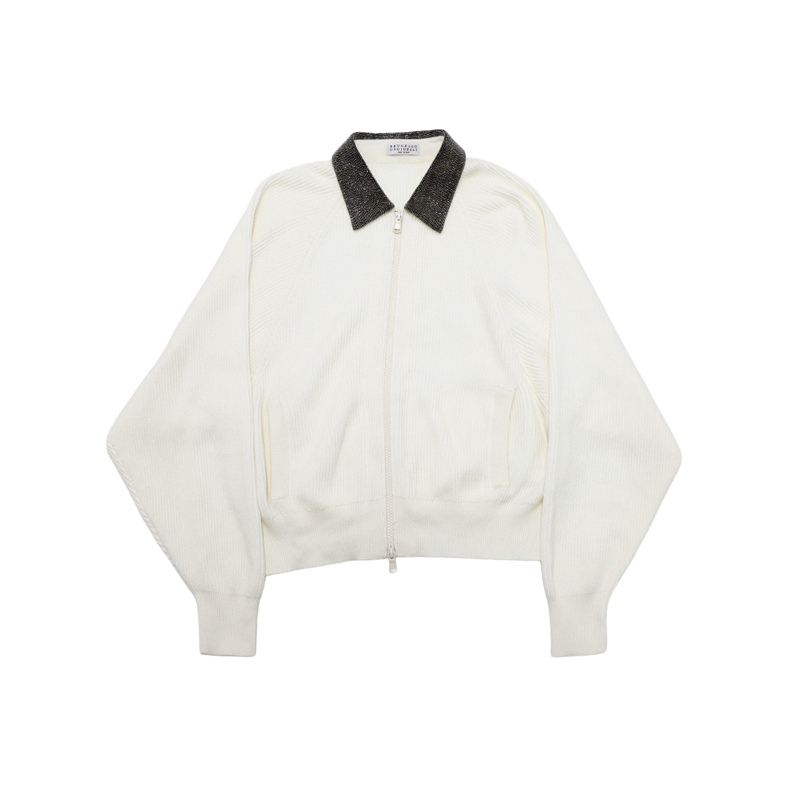 ITL9QVMBI8PL Brunello Cucinelli Monili Collar Zip-Up Cardigan in Ivory Cotton