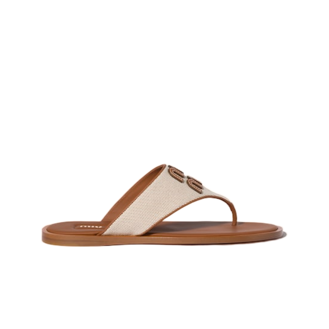 (W) 미우 미우 캔버스 앤 레더 통 샌들 베이지 브랜디((W) Miu Miu Canvas and Leather Thong Sandals Beige Brandy)