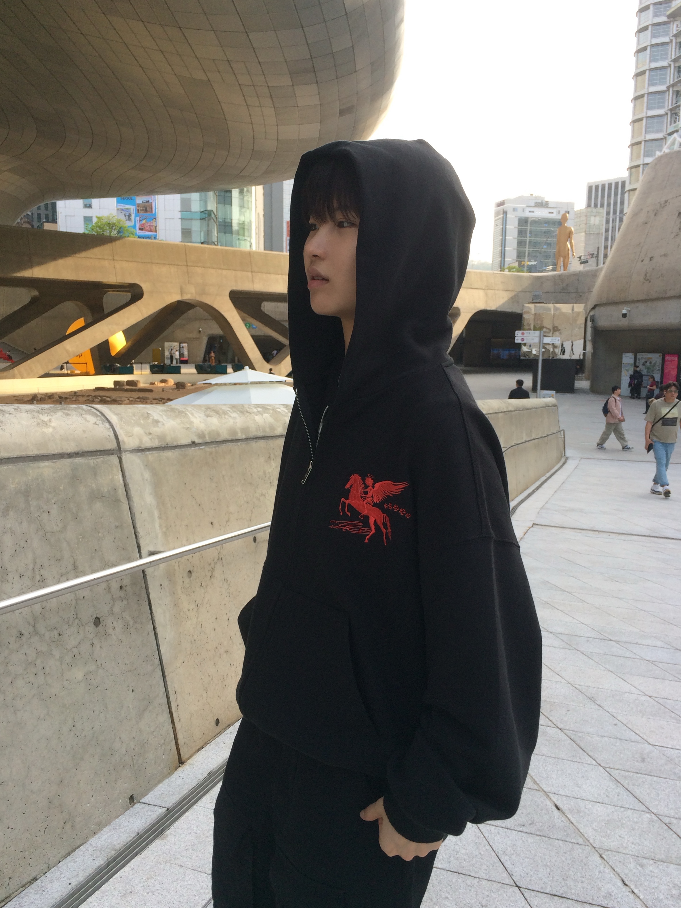 PACOSPLY Falling Angel Zip Up Hoodie Black, Adidas Rivalry High Consortium Chalk White 착용 스타일 - 1