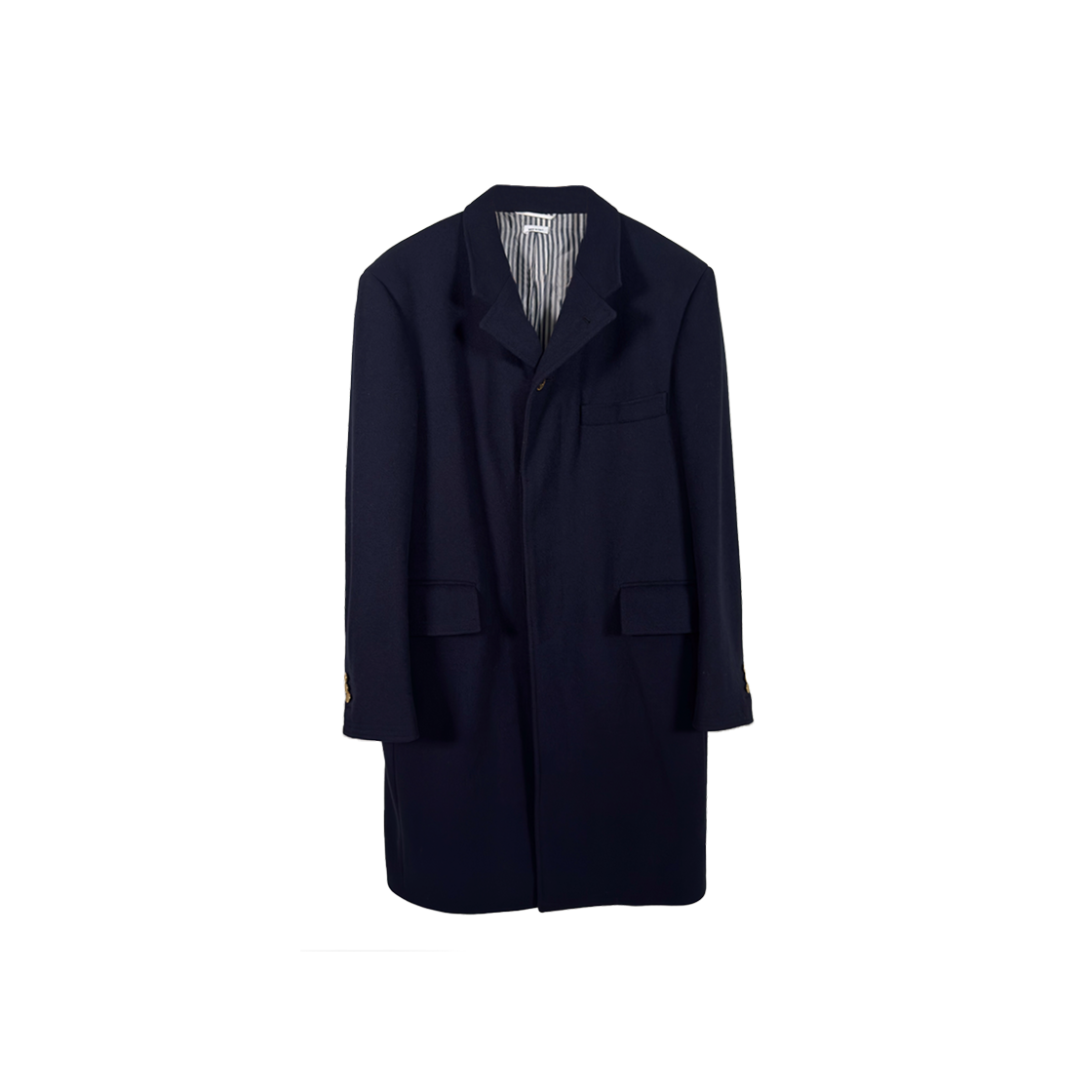 톰브라운 체스트필드 멜튼 금장 버튼 사선 울 코트 네이비(Thom Browne Navy Melton Wool Chestfield Coat Gold Buttons)
