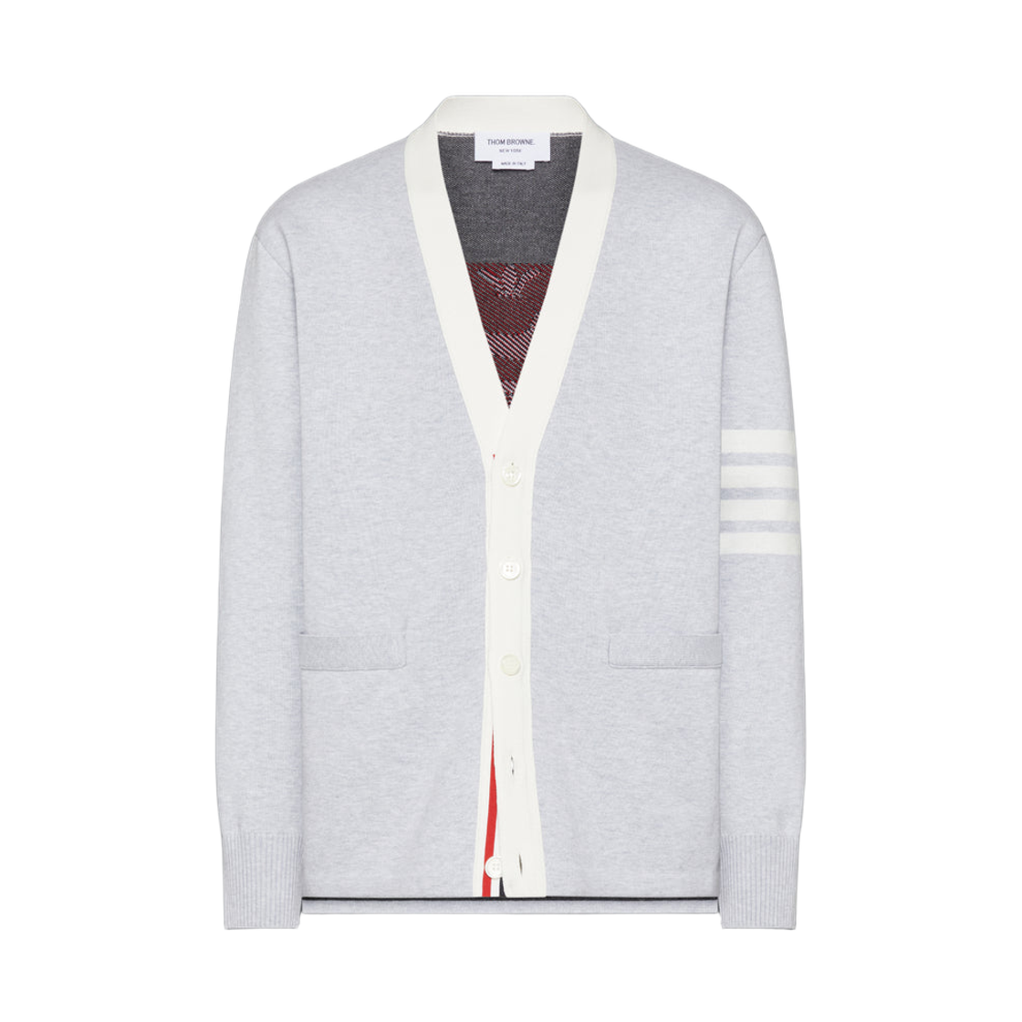 MKC634A-Y3043-058 Thom Browne Crepe Intarsia Jacquard 4-Bar Rugby Fit Cardigan Pale Grey