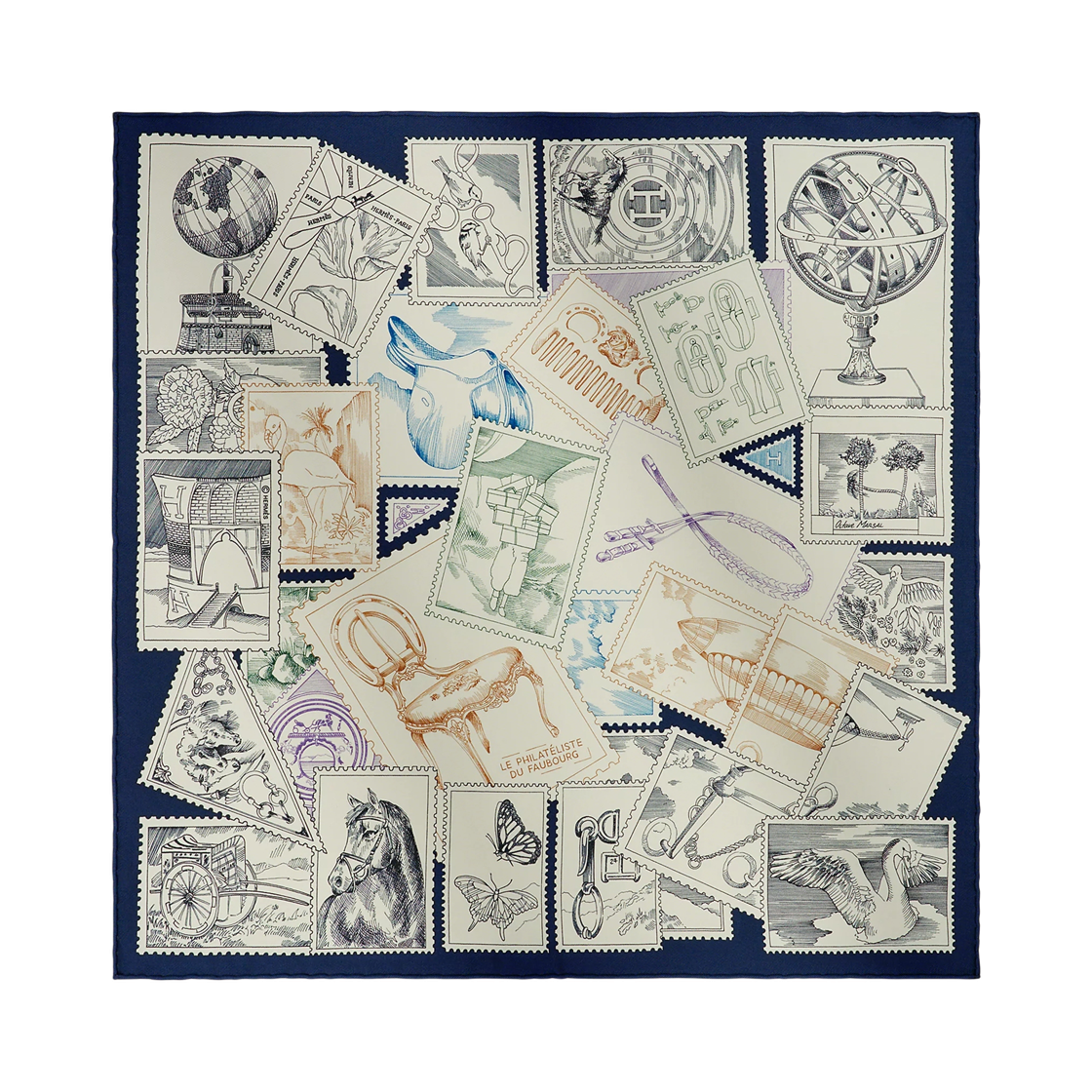 H894356S08 (W) Hermes Le Philateliste Du Faubourg Scarf 45 Silk Twill & Bleu Marine Creme Mauve