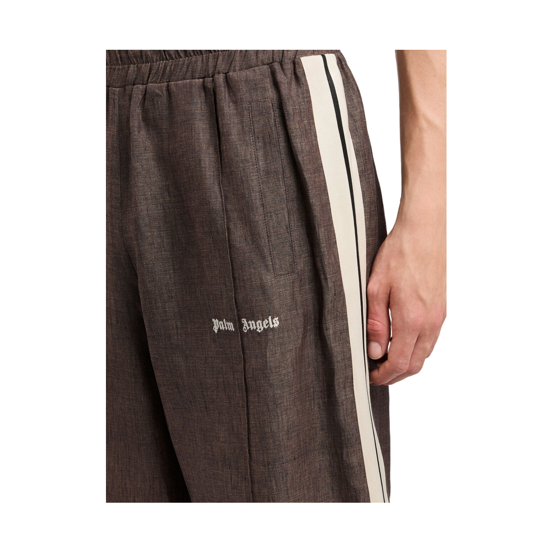 팜엔젤스 클래식 로고 린넨 TRK 쇼츠 - 브라운 오프 화이트(Palm Angels Classic Logo Linen Trk Shorts - Brown Off White) - 5