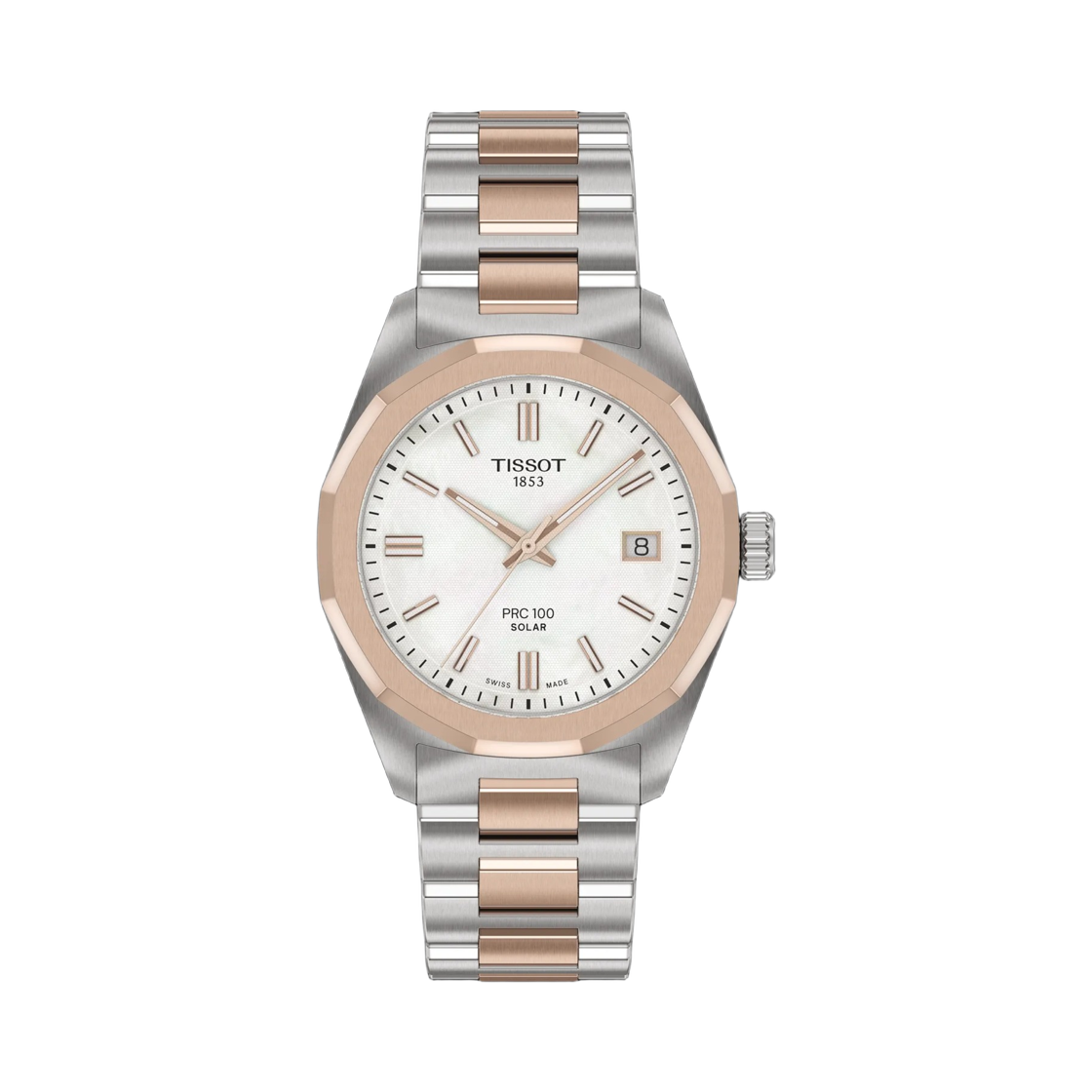 티쏘 PRC 100 솔라 쿼츠 34mm 스테인리스 스틸 그레이 로즈 골드 화이트 마더 오브 펄(Tissot PRC 100 Solar Quartz 34mm Stainless Steel Grey Rose Gold White Mother of Pearl)
