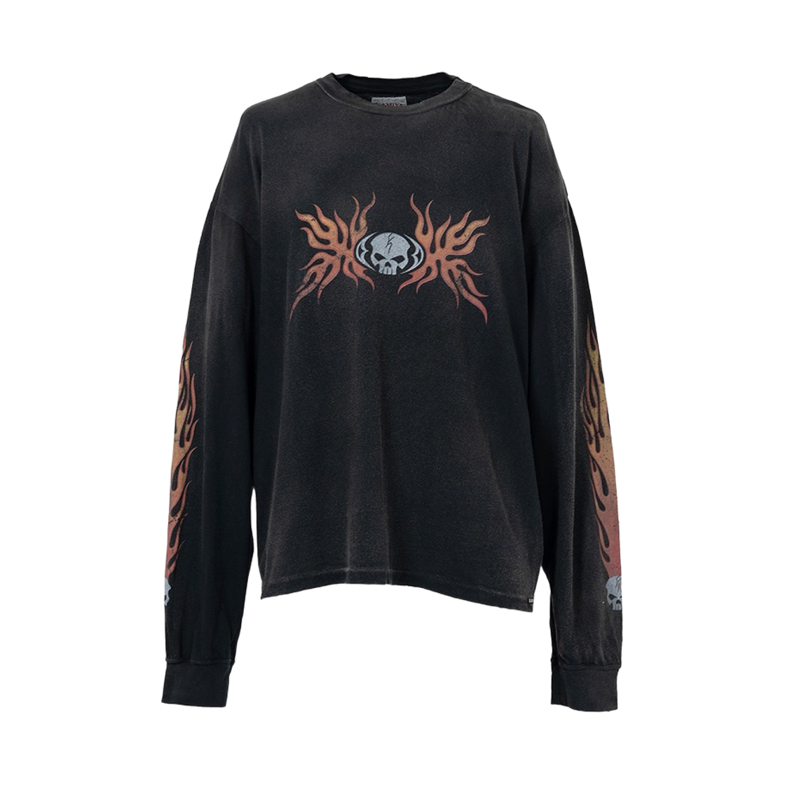 카미야 스컬 플레임 디스트레스드 롱슬리브 티셔츠 블랙(Kamiya Skull Flame Distressed Long Sleeve T-Shirt Black)