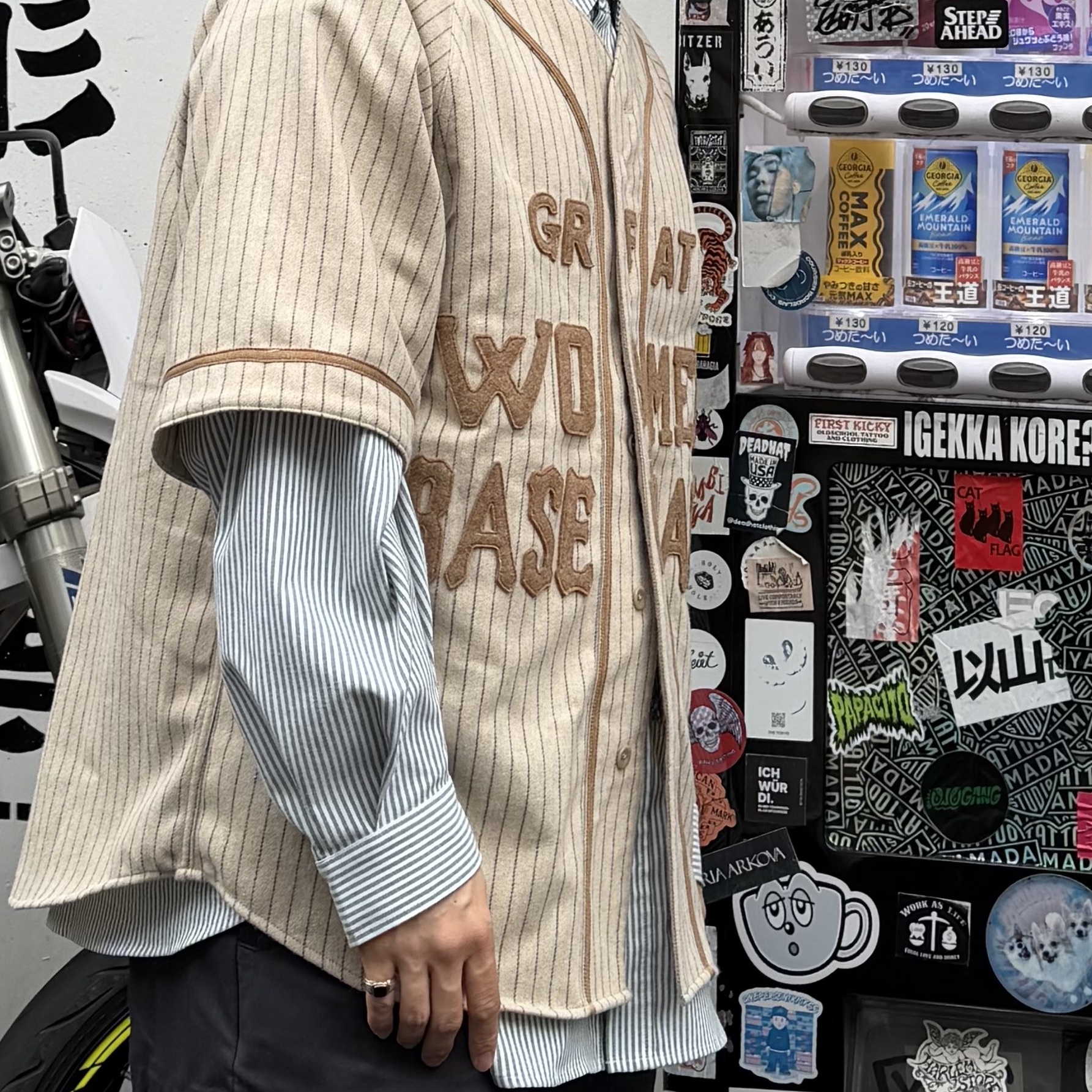Kapital Wool Stripe Thin Great Women Baseball Shirt Kinari 착용 스타일