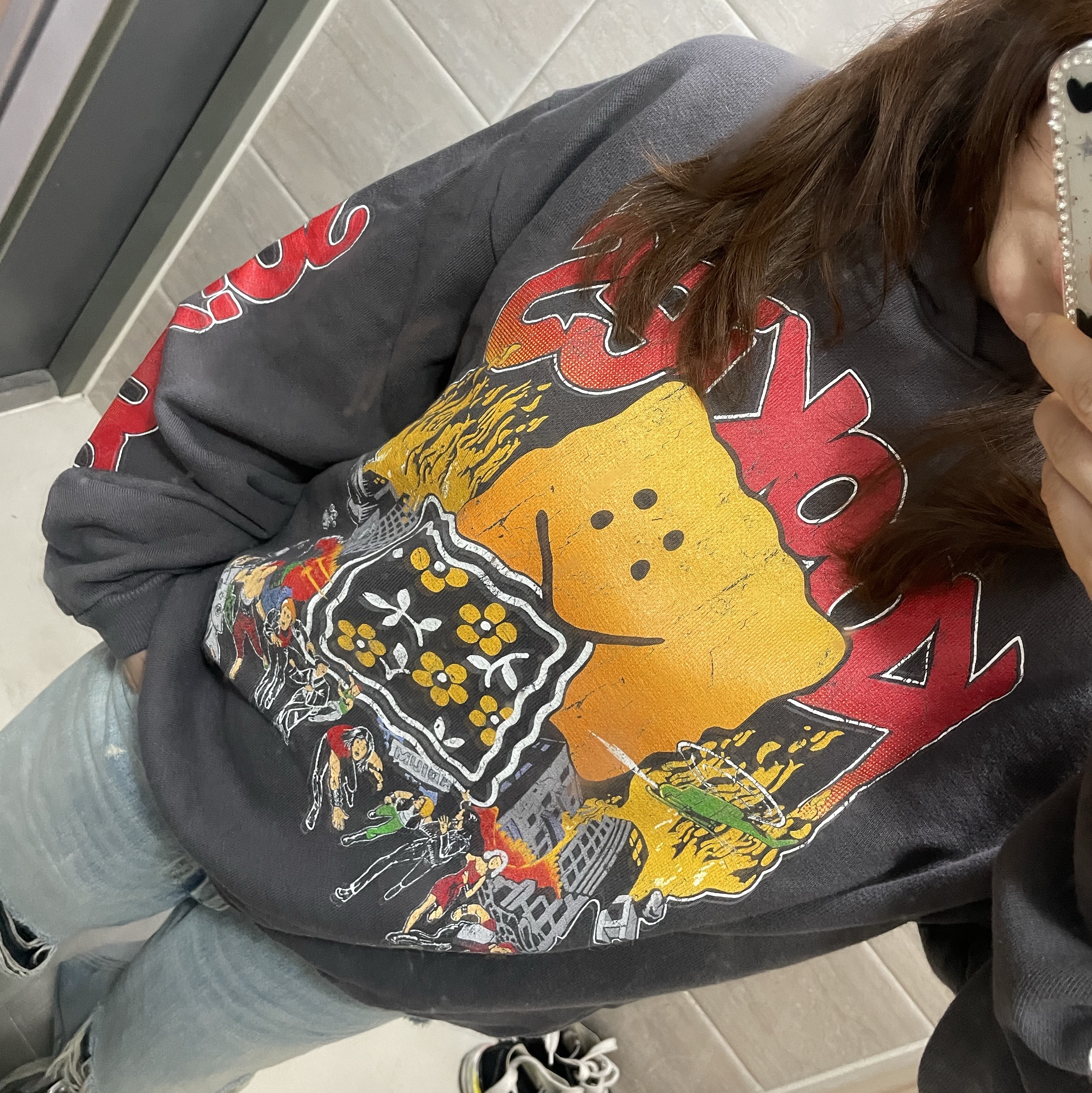 Kapital Fleece Hooded Sweatshirt Buster Peckish Rainbow Y Pt Ink Black 착용 스타일 - 5