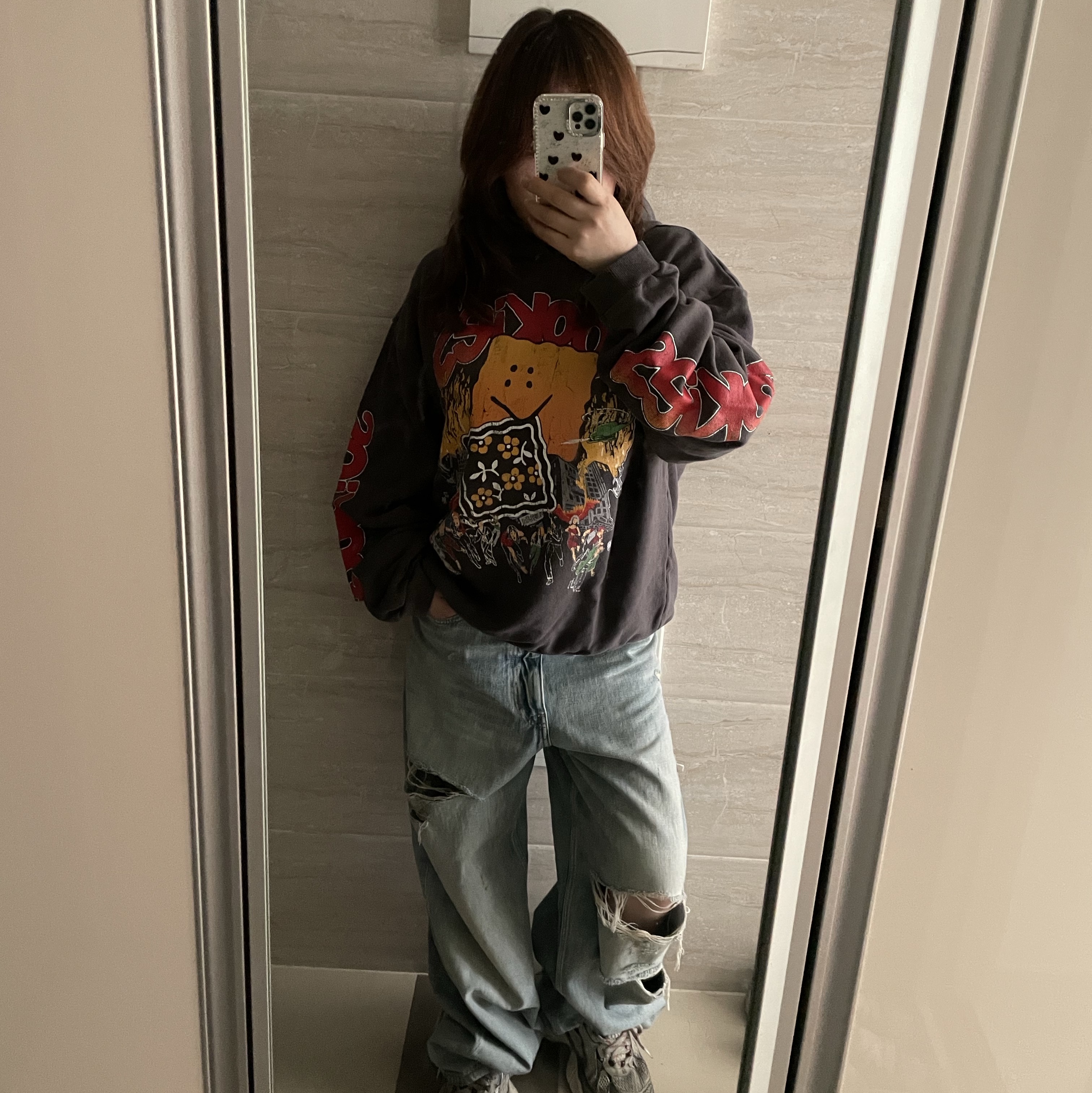 Kapital Fleece Hooded Sweatshirt Buster Peckish Rainbow Y Pt Ink Black 착용 스타일 - 1