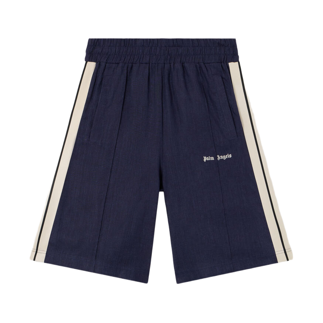 팜엔젤스 클래식 로고 린넨 TRK 쇼츠 - 네이비 블루 오프 화이트(Palm Angels Classic Logo Linen Trk Shorts - Navy Blue Off White)