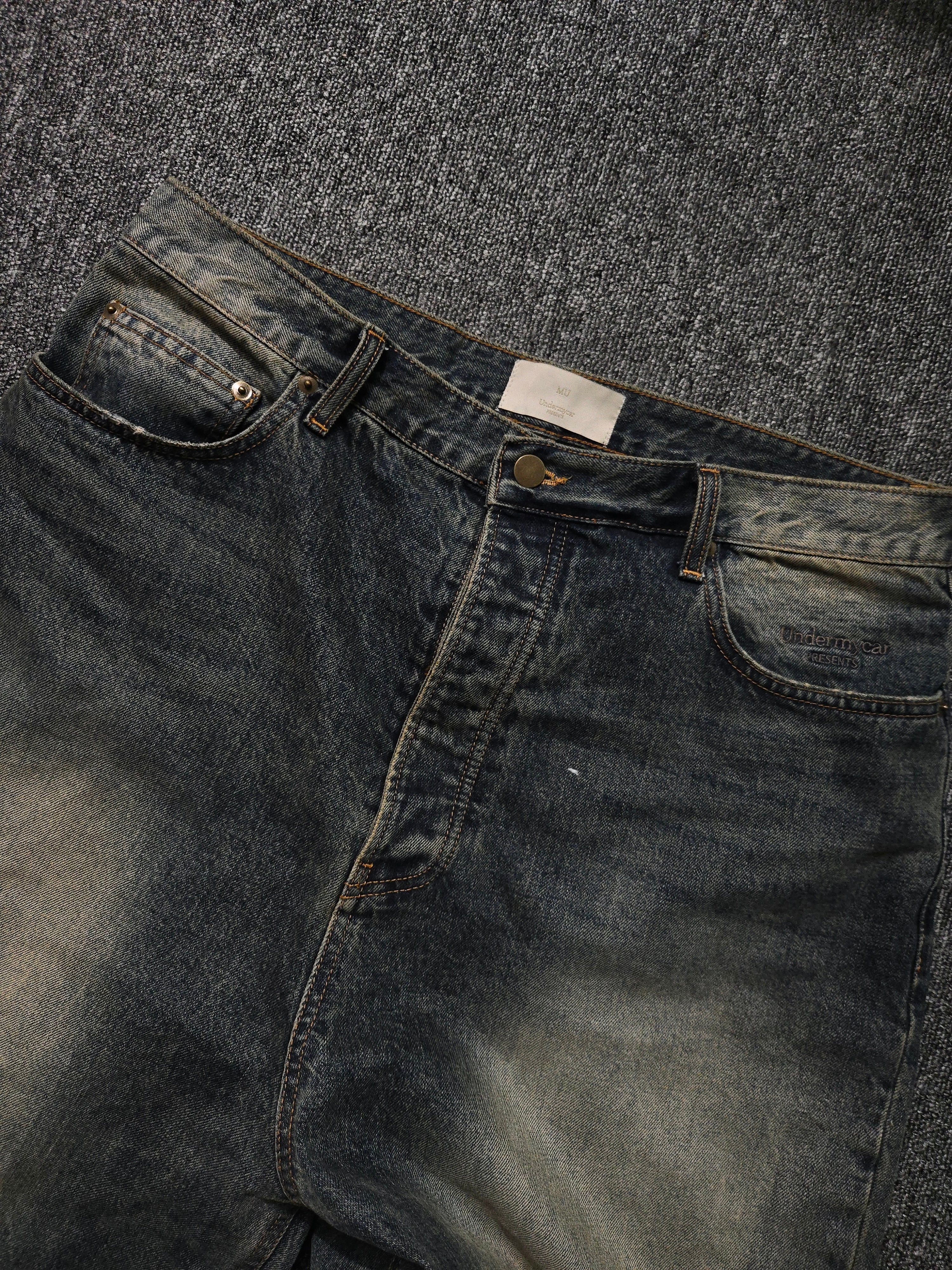 Undermycar Mu.26 Anti Fxxking Logo Play Brush Washed Wide Jeans Oil Blue 착용 스타일 - 7