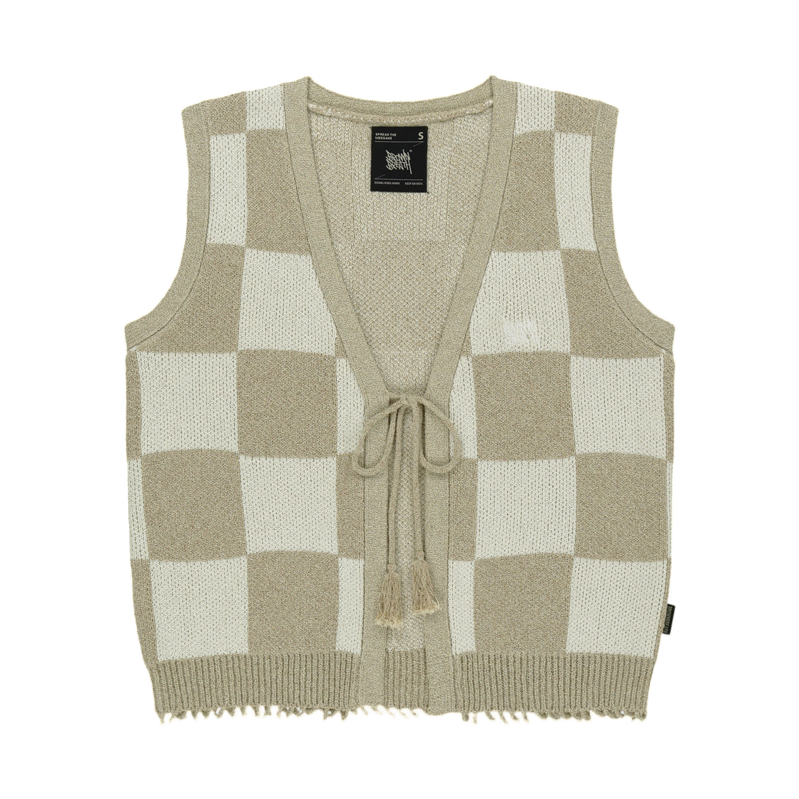 BLMWVTW01BE (W) Brownbreath Tag Check Crochet Vest Beige