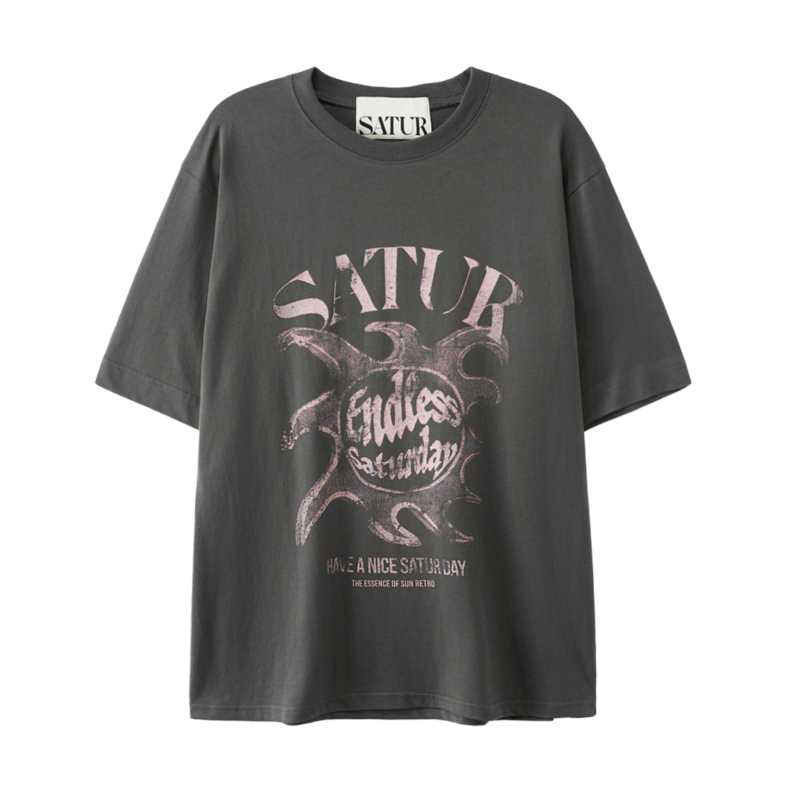 세터 썬 레트로 그래픽 반팔 티셔츠 차콜 핑크