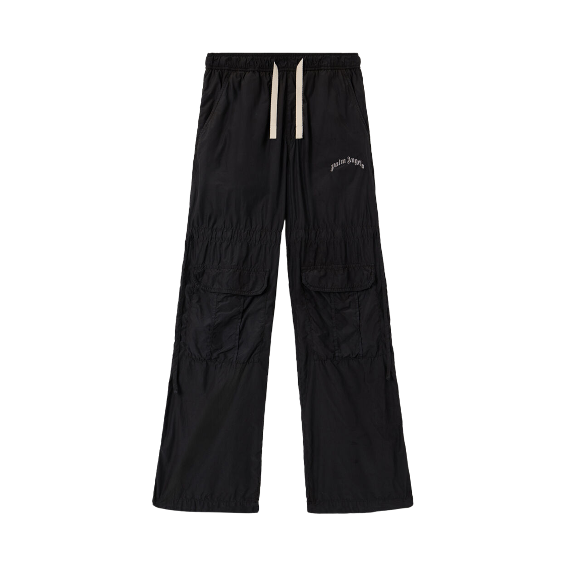 팜엔젤스 커브드 로고 드로즈 카고 팬츠 - 블랙 오프 화이트(Palm Angels Curved Logo Drawscargo Pants - Black Off White)
