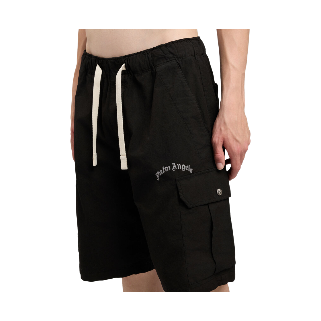 팜엔젤스 커브드 로고 루즈 카고 쇼츠 - 블랙 오프 화이트(Palm Angels Curved Logo Loose Cargo Shorts - Black Off White) - 5
