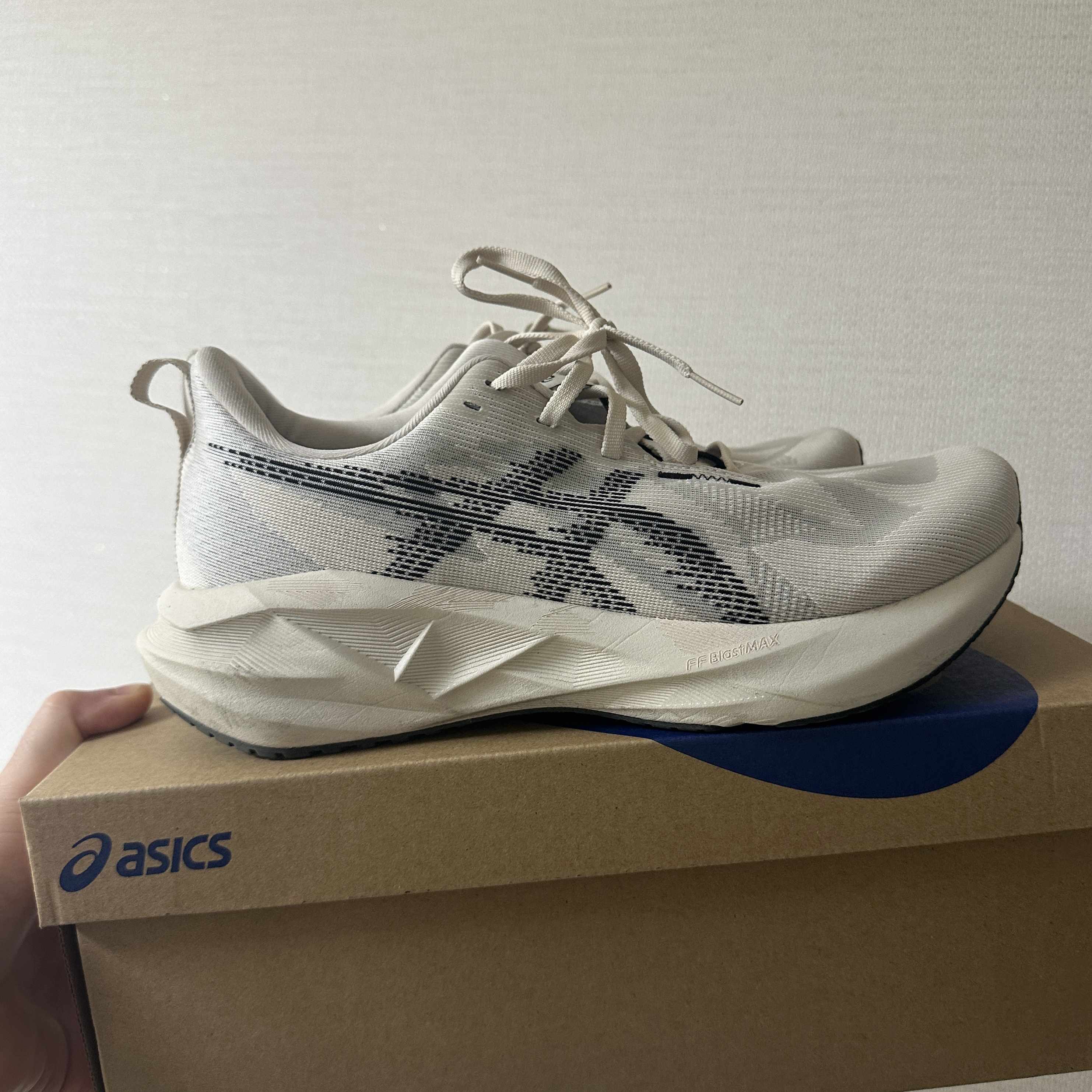 Asics Novablast 5 Oatmeal Black - D Standard 착용 스타일