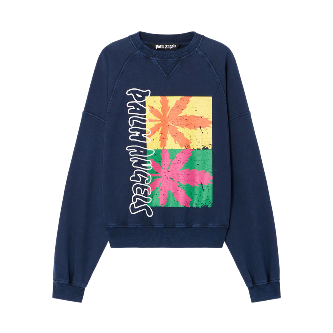 팜엔젤스 팜 리프 레글런 루즈 크루 - 네이비 블루 멀티컬러(Palm Angels Palm Leaf Raglan Loose Crew - Navy Blue Multicolor) - 1