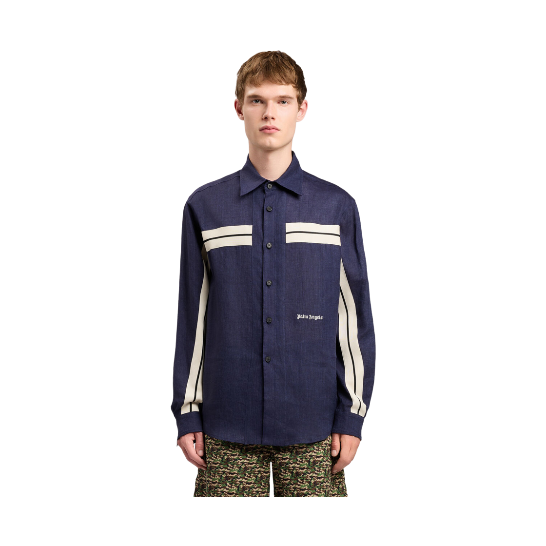 팜엔젤스 클래식 로고 린넨 트랙셔츠 - 네이비 블루 오프 화이트(Palm Angels Classic Logo Linen Trackshirt - Navy Blue Off White) - 2