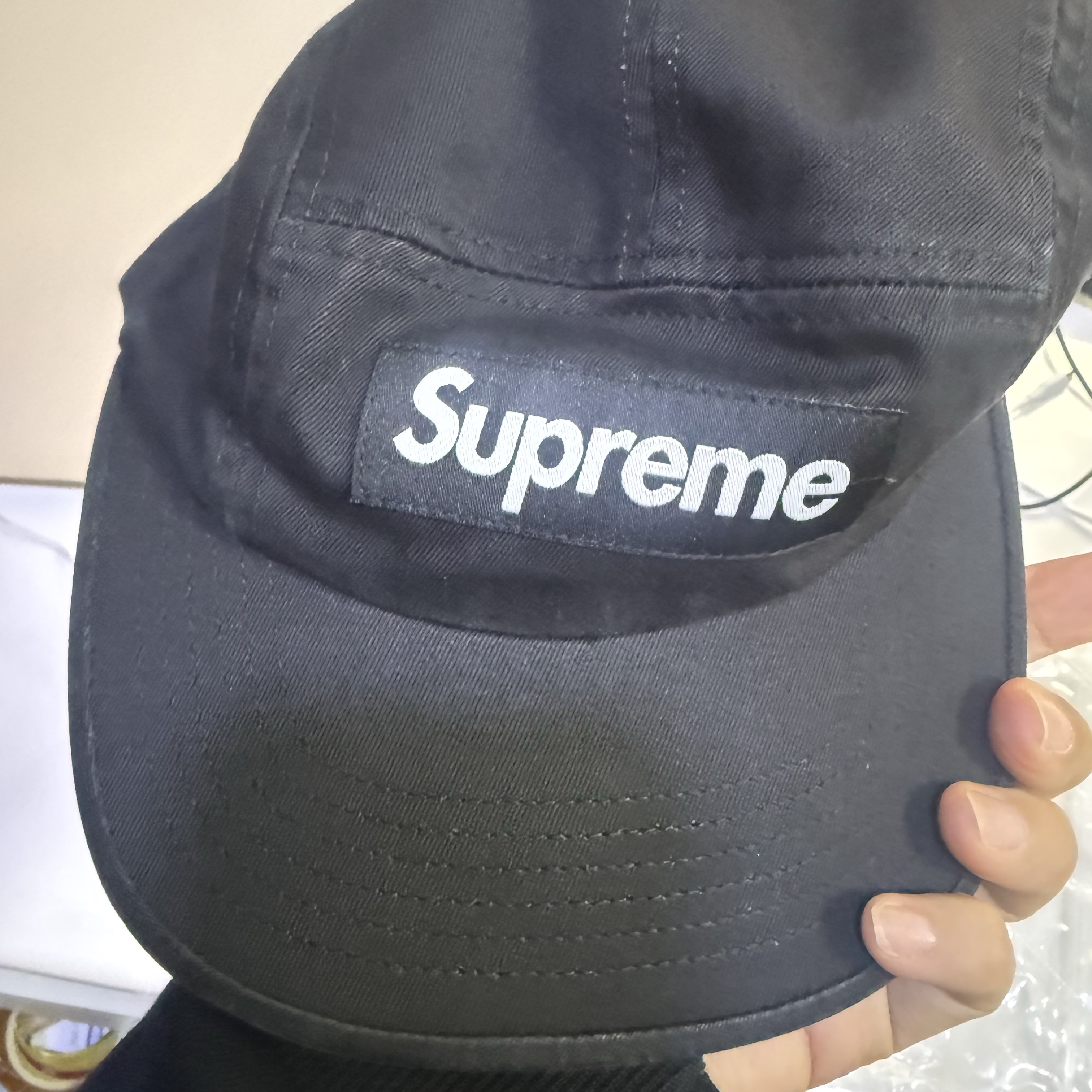 Supreme Washed Chino Twill Camp Cap Black 착용 스타일