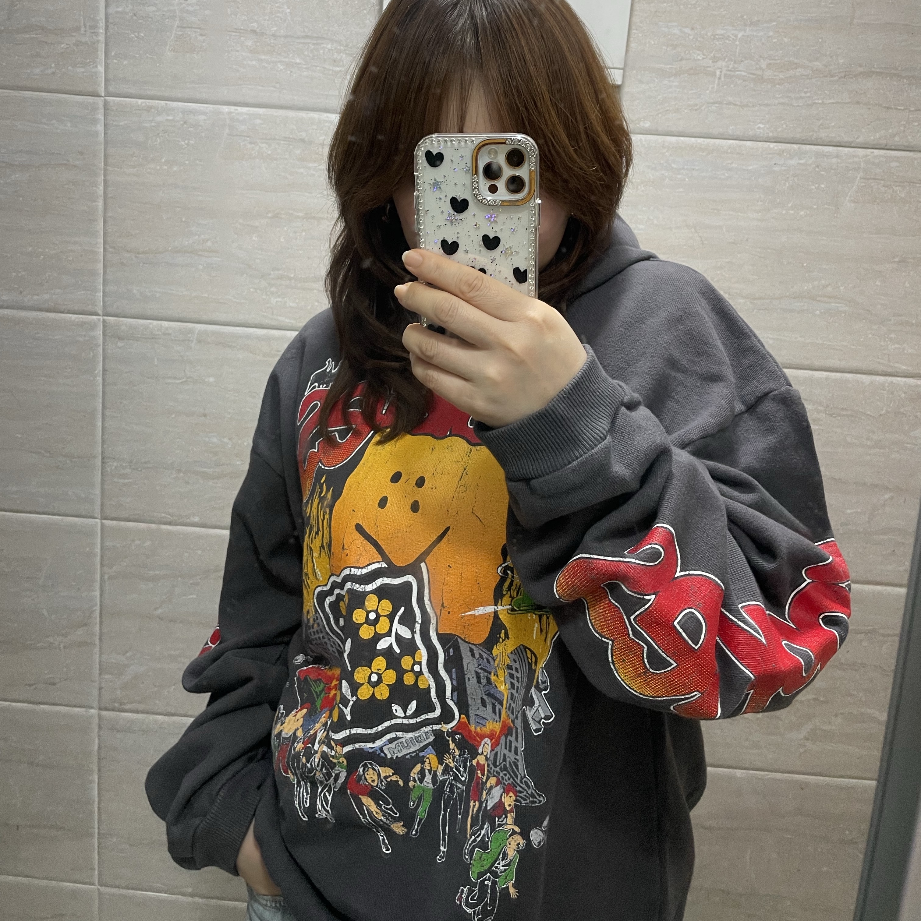 Kapital Fleece Hooded Sweatshirt Buster Peckish Rainbow Y Pt Ink Black 착용 스타일 - 4