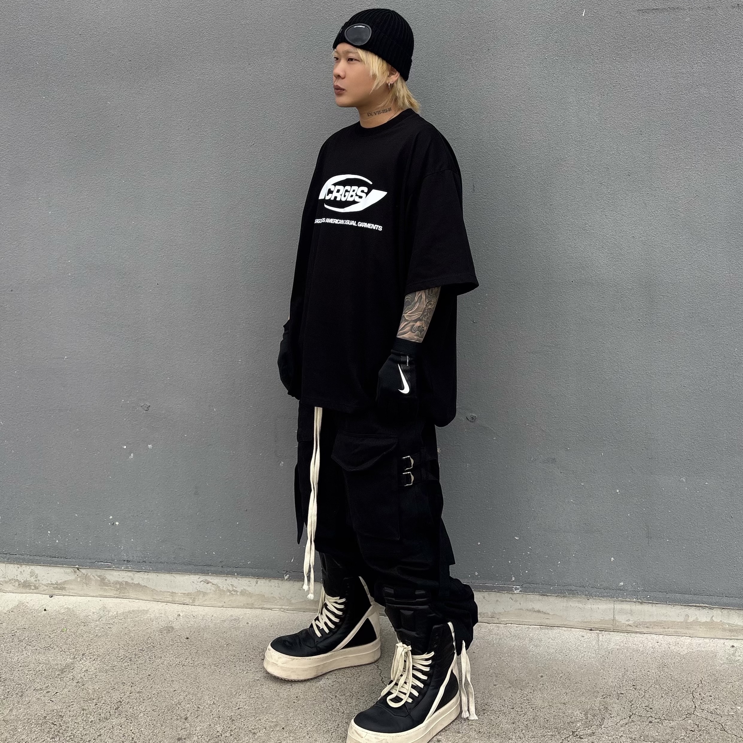 C.P. Company Cotton Goggle Beanie Black - 21SS, Rick Owens Mega Bumper Geobasket Black Milk 착용 스타일