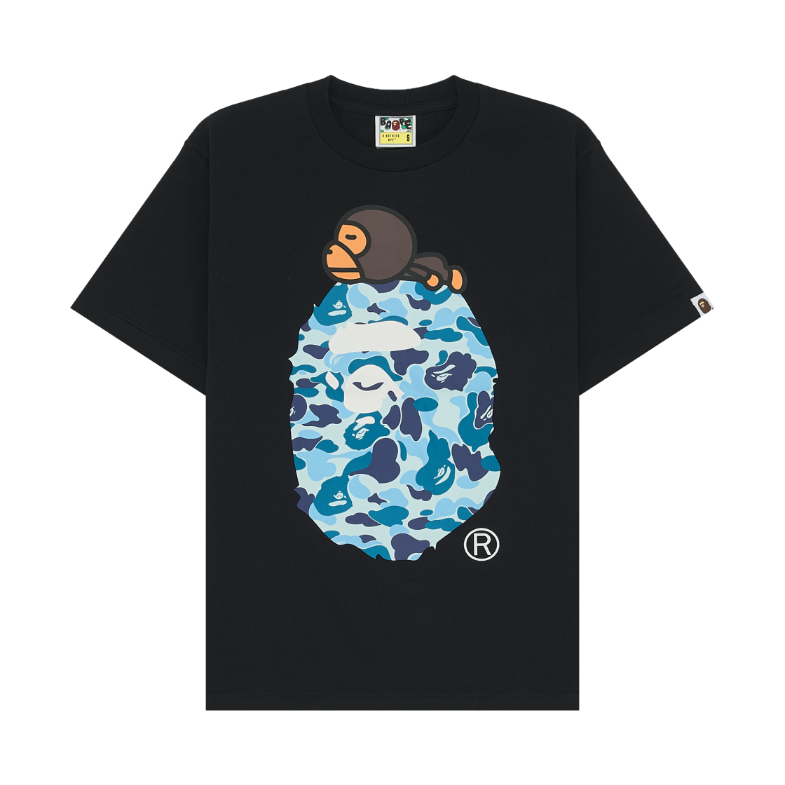 베이프 ABC 카모 마일로 온 빅 에이프 티셔츠 블랙 블루(BAPE ABC Camo Milo on Big Ape T-Shirt Black Blue)