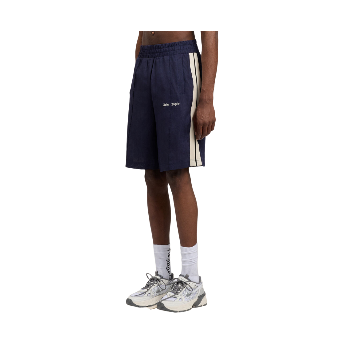 팜엔젤스 클래식 로고 린넨 TRK 쇼츠 - 네이비 블루 오프 화이트(Palm Angels Classic Logo Linen Trk Shorts - Navy Blue Off White) - 3