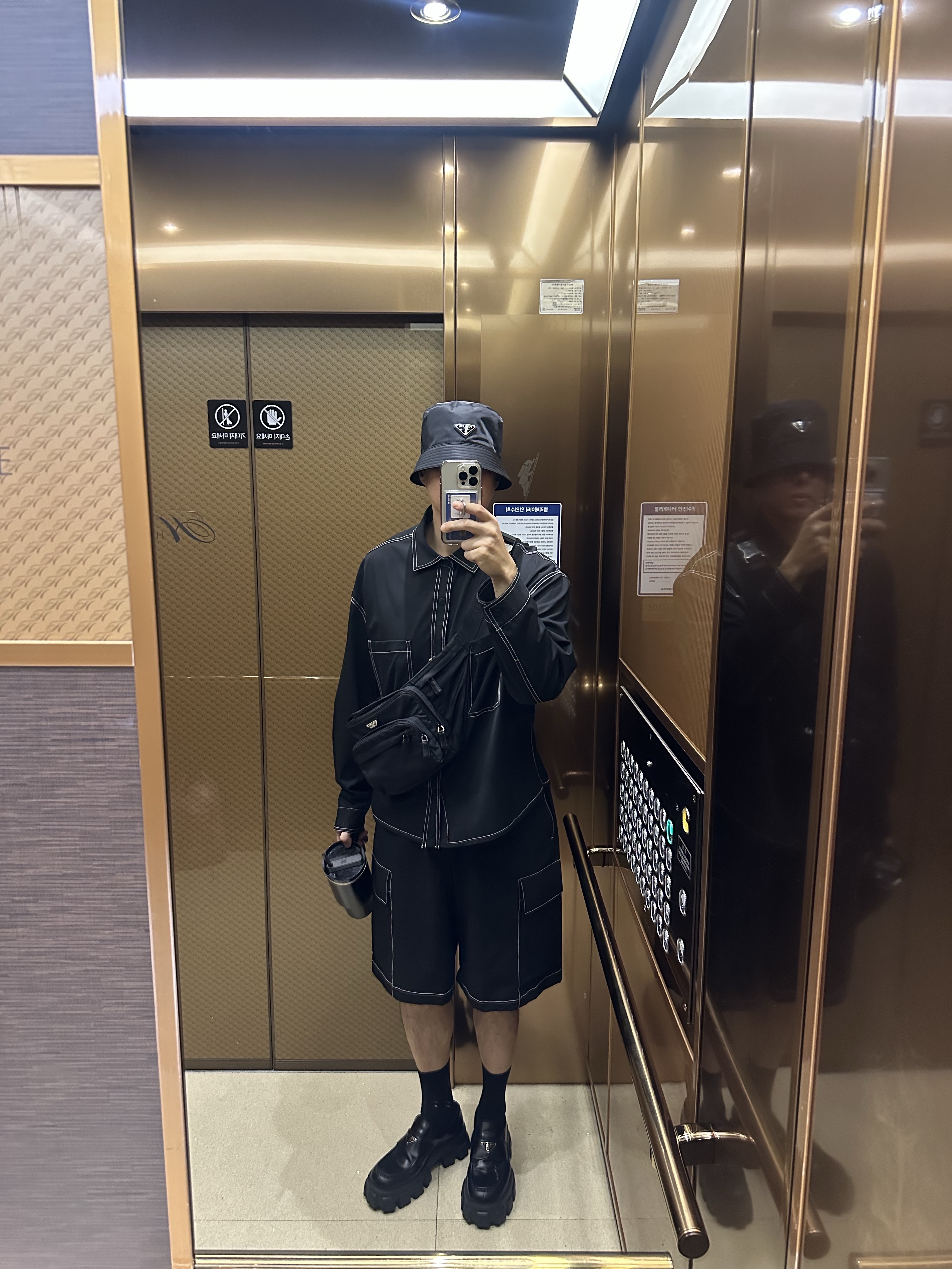 Prada Re-Nylon Bucket Hat Black, Prada Monolith Brushed Leather Loafers Black 착용 스타일